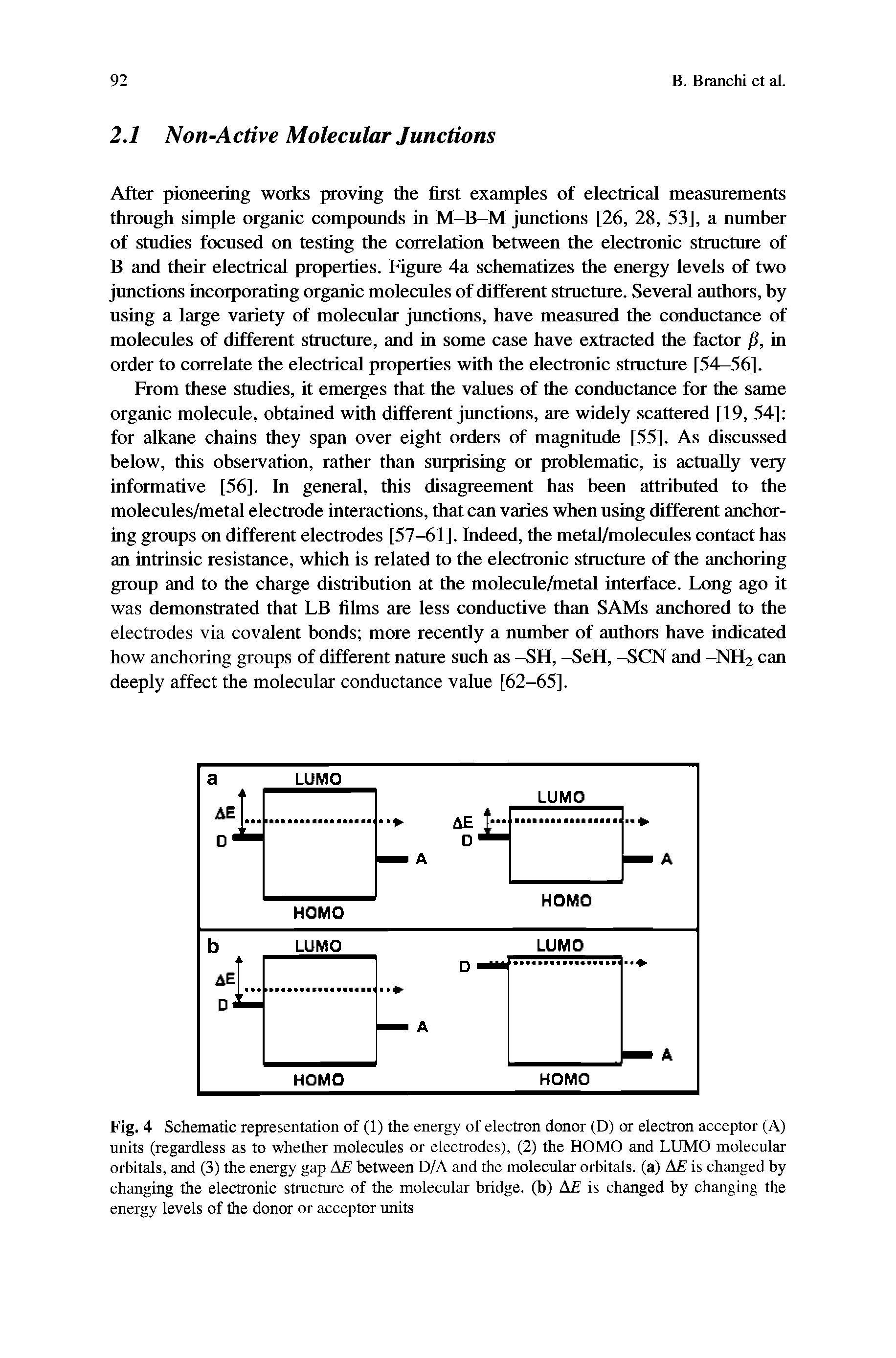 Fig. 4 Schematic representation of (1) the energy of electron donor (D) or electron acceptor (A) units (regardless as to whether molecules or electrodes), (2) the HOMO and LUMO molecular orbitals, and (3) the energy gap AE between D/A and the molecular orbitals, (a) AE is changed by changing the electronic structure of the molecular bridge, (b) AE is changed by changing the energy levels of the donor or acceptor units...