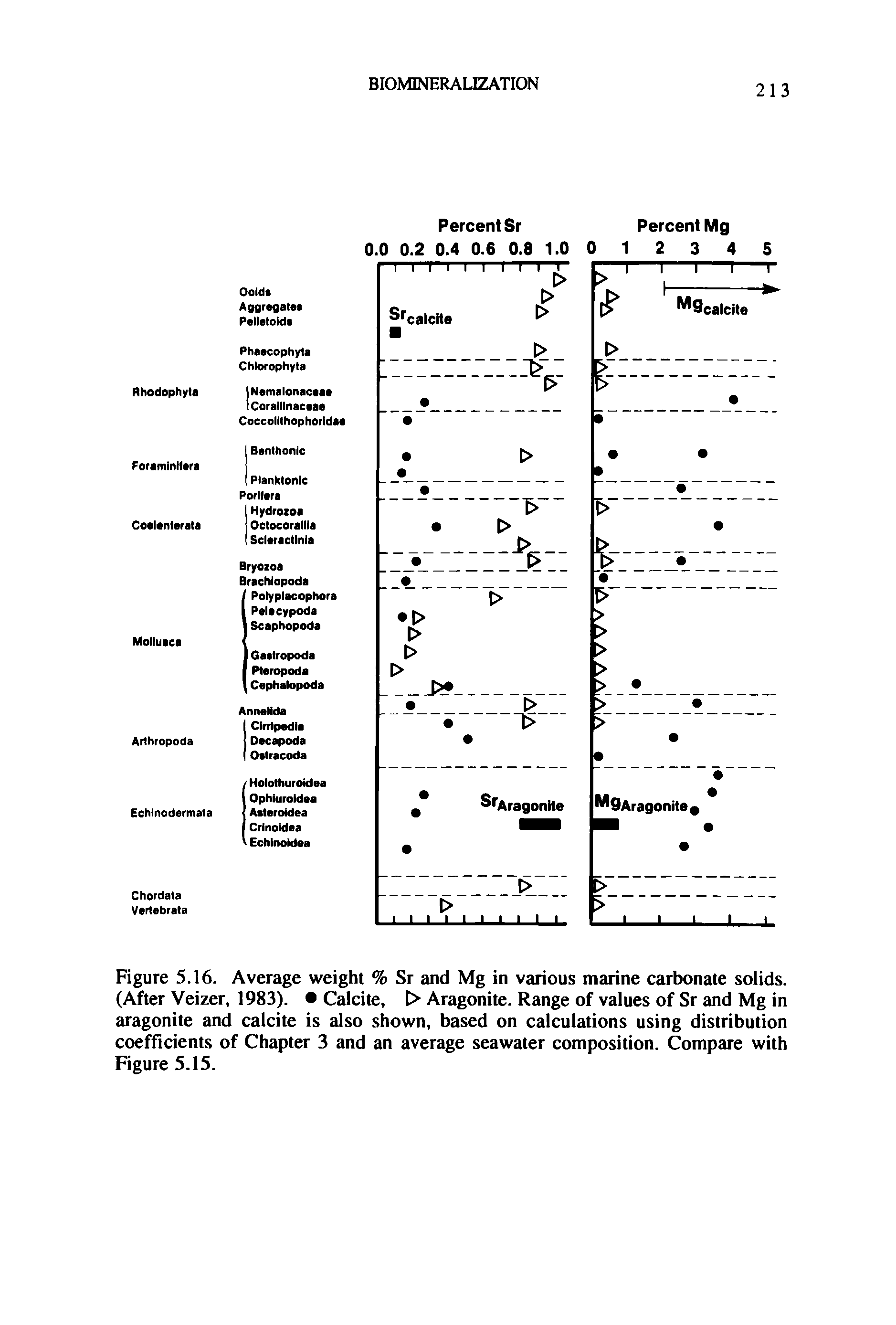 Figure 5.16. Average weight % Sr and Mg in various marine carbonate solids. (After Veizer, 1983). Calcite, > Aragonite. Range of values of Sr and Mg in aragonite and calcite is also shown, based on calculations using distribution coefficients of Chapter 3 and an average seawater composition. Compare with Figure 5.15.