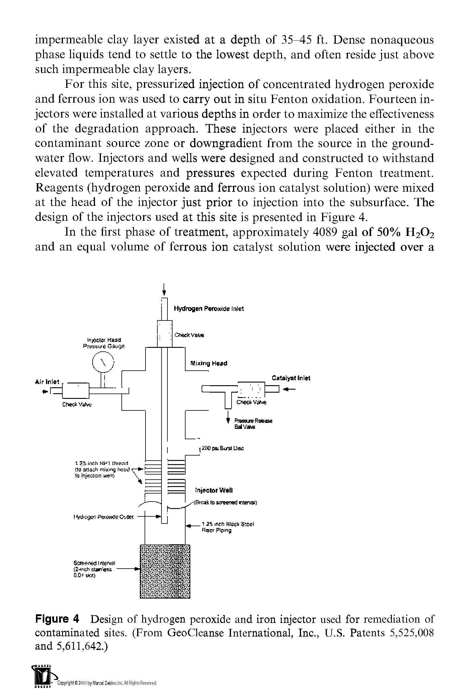 Figure 4 Design of hydrogen peroxide and iron injector used for remediation of contaminated sites. (From GeoCleanse International, Inc., U.S. Patents 5,525,008 and 5,611,642.)...
