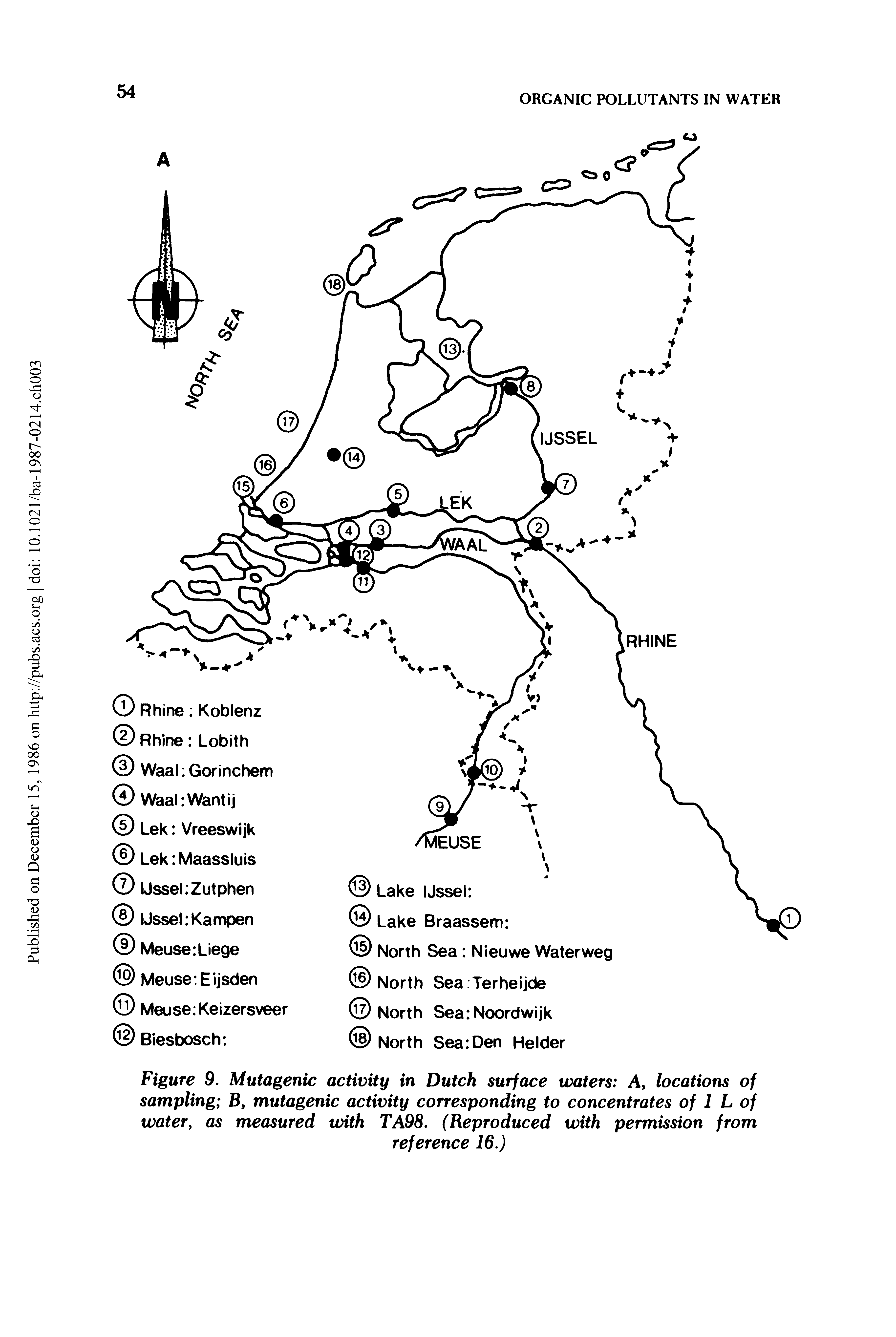 Figure 9. Mutagenic activity in Dutch surface waters A, locations of sampling B, mutagenic activity corresponding to concentrates of 1 L of water, as measured with TA98. (Reproduced with permission from...