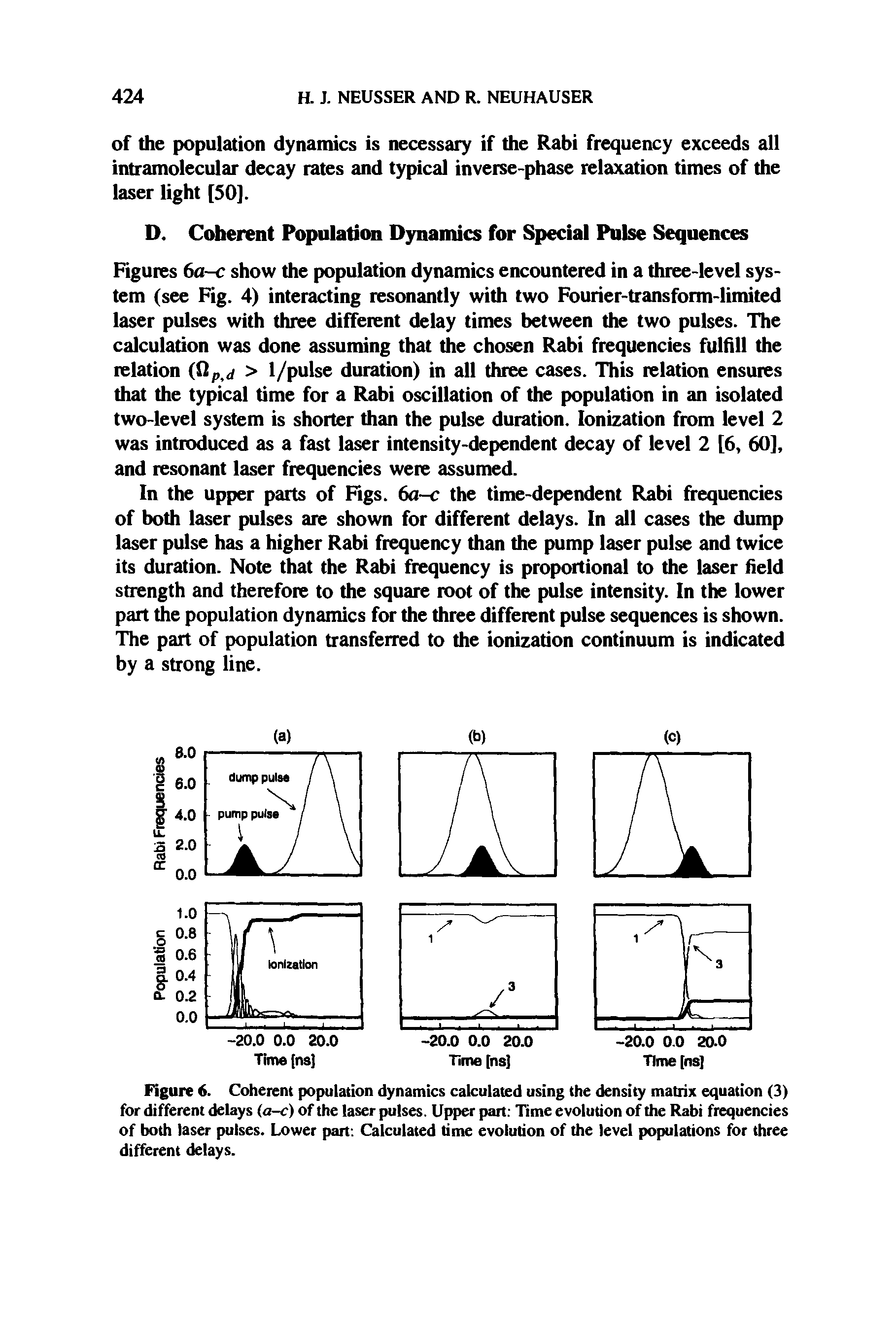 Figures 6a-c show the population dynamics encountered in a three-level system (see Fig. 4) interacting resonantly with two Fourier-transform-limited laser pulses with three different delay times between the two pulses. The calculation was done assuming that the chosen Rabi frequencies fulfill the relation > 1/pulse duration) in all three cases. This relation ensures that the typical time for a Rabi oscillation of the population in an isolated two-level system is shorter than the pulse duration. Ionization from level 2 was introduced as a fast laser intensity-dependent decay of level 2 [6, 60], and resonant laser frequencies were assumed.