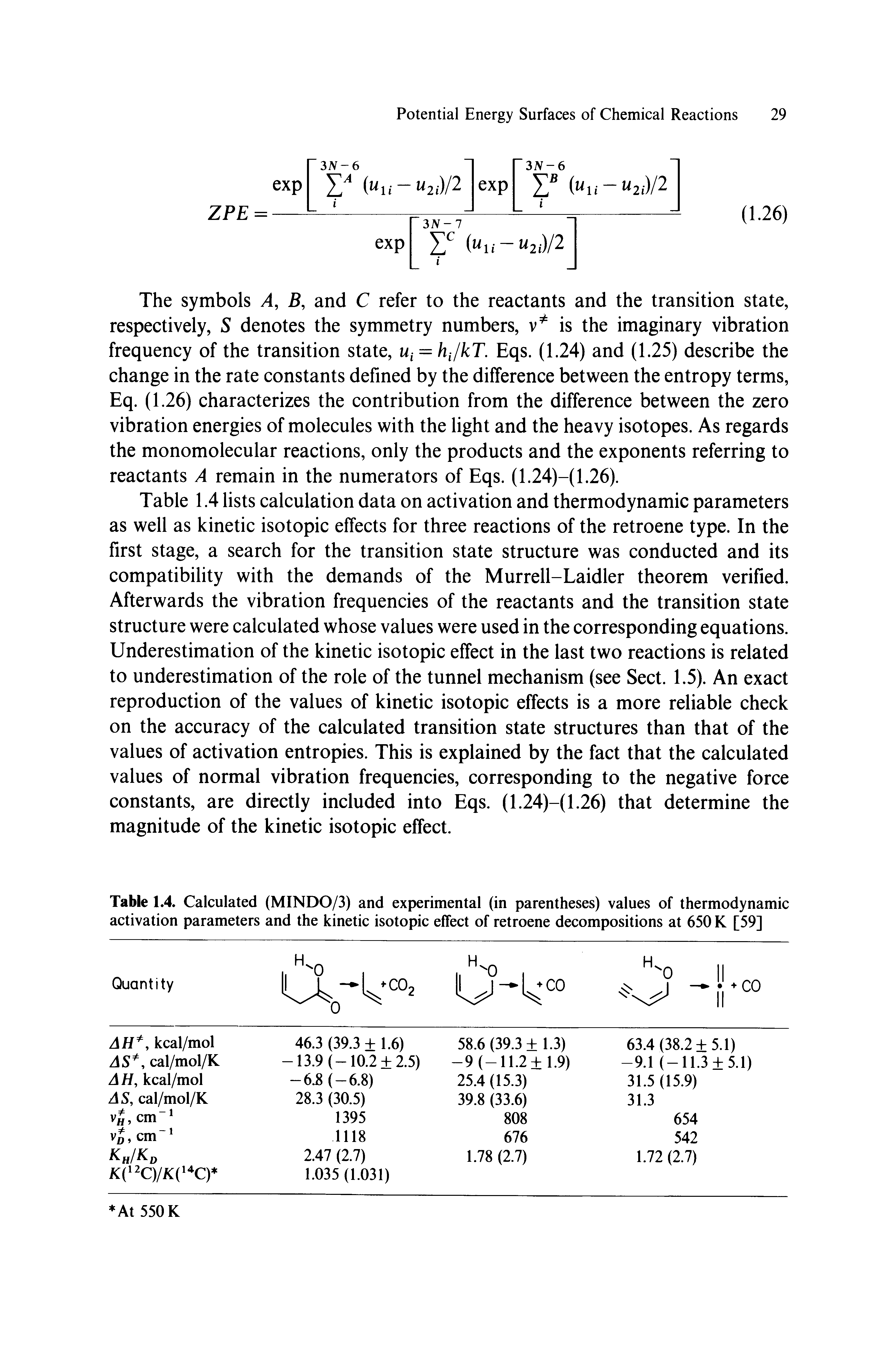 Table 1.4. Calculated (MINDO/3) and experimental (in parentheses) values of thermodynamic activation parameters and the kinetic isotopic effect of retroene decompositions at 650 K [59]...
