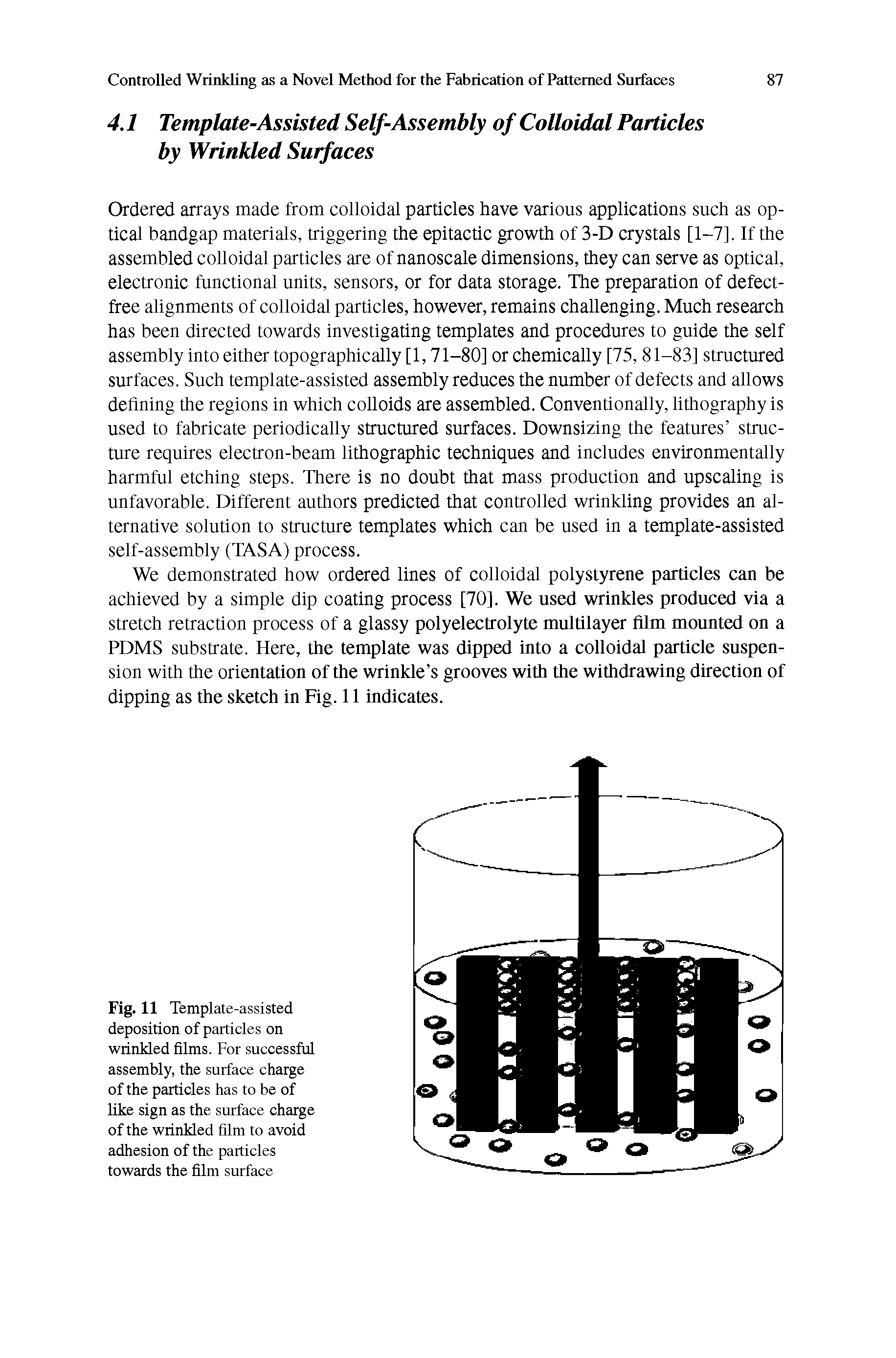 Fig. 11 Template-assisted deposition of particles on wrinkled films. For successful assembly, the surface charge of the particles has to be of like sign as the surface charge of the wrinkled film to avoid adhesion of the particles towards the film surface...