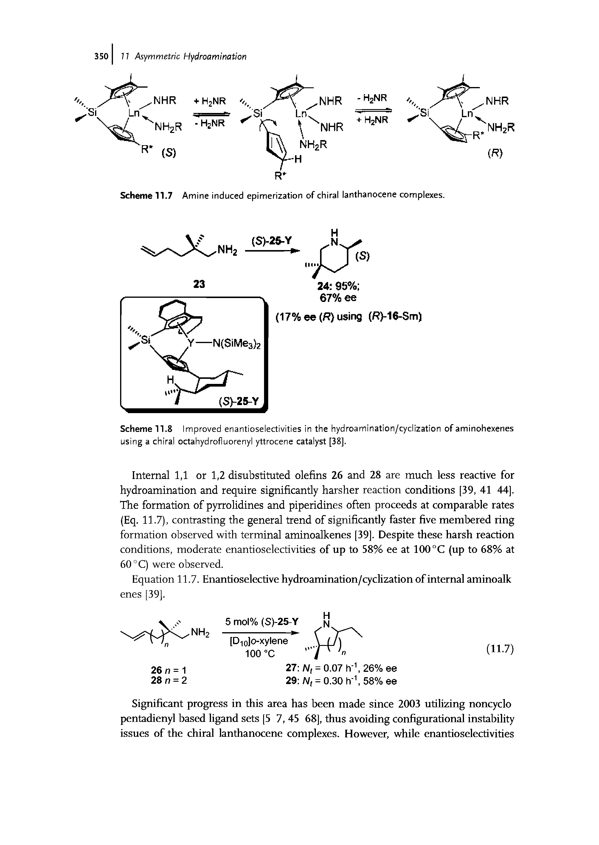 Scheme 11.8 Improved enantioselectivities in the hydroamination/cyclization of aminohexenes using a chiral octahydrofluorenyl yttrocene catalyst [38].