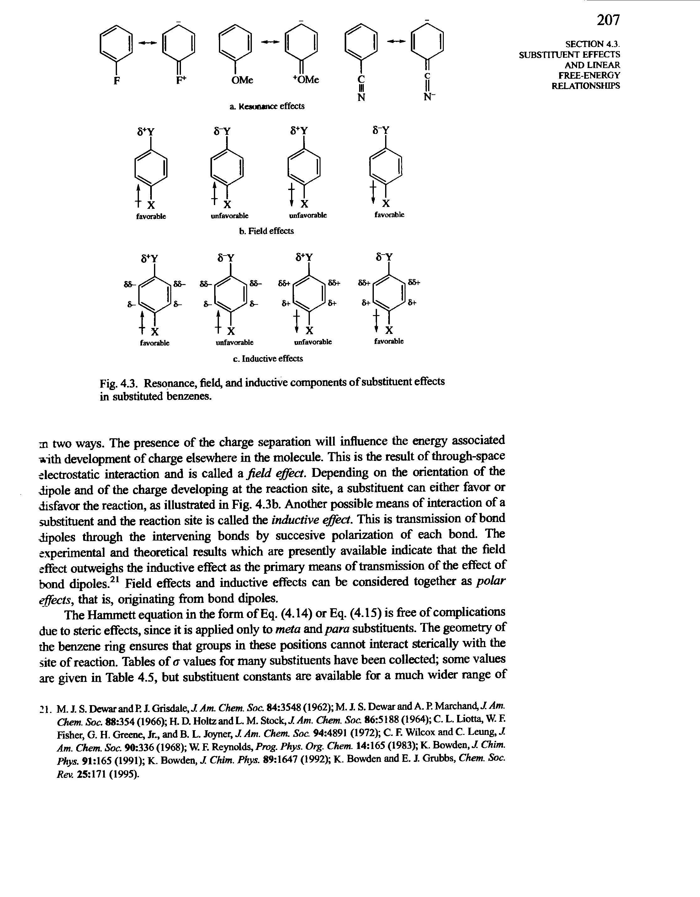 Fig. 4.3. Resonance, field, and inductive components of substituent effects in substituted benzenes.