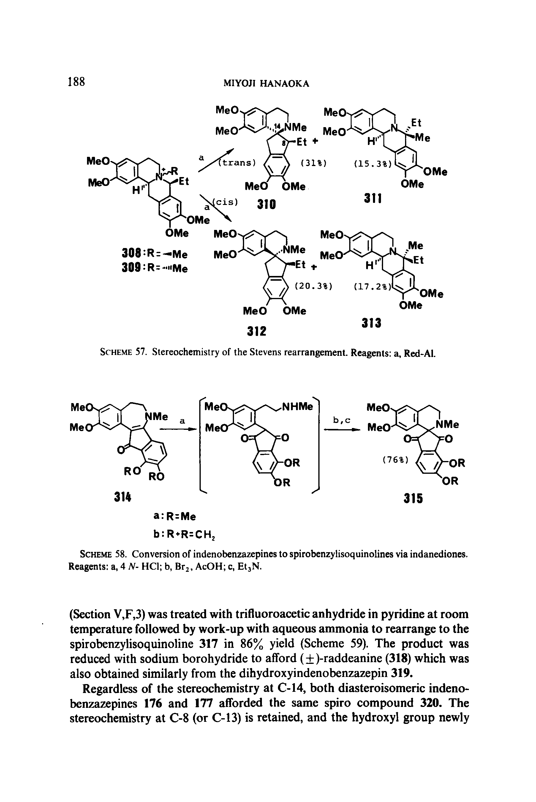 Scheme 58. Conversion of indenobenzazepines to spirobenzytisoquinolines via indanediones. Reagents a, 4 N- HC1 b, Br2, AcOH c, Et3N.