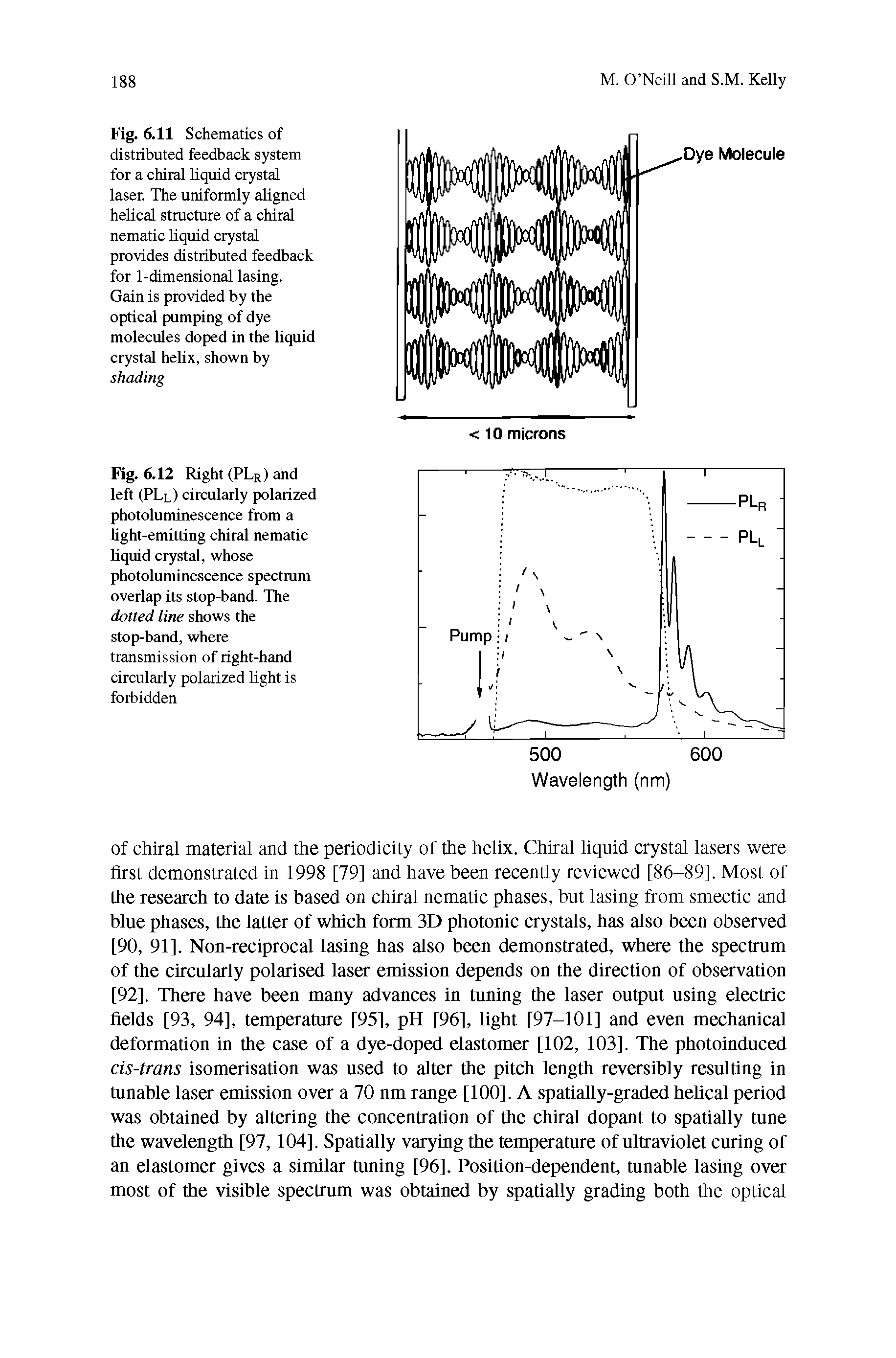 Fig. 6.12 Right (PLr) and left (PLl) circularly polarized photoluminescence from a light-emitting chiral nematic liquid crystal, whose photoluminescence spectrum overlap its stop-band. The dotted line shows the stop-band, where transmission of right-hand circularly polarized light is forbidden...