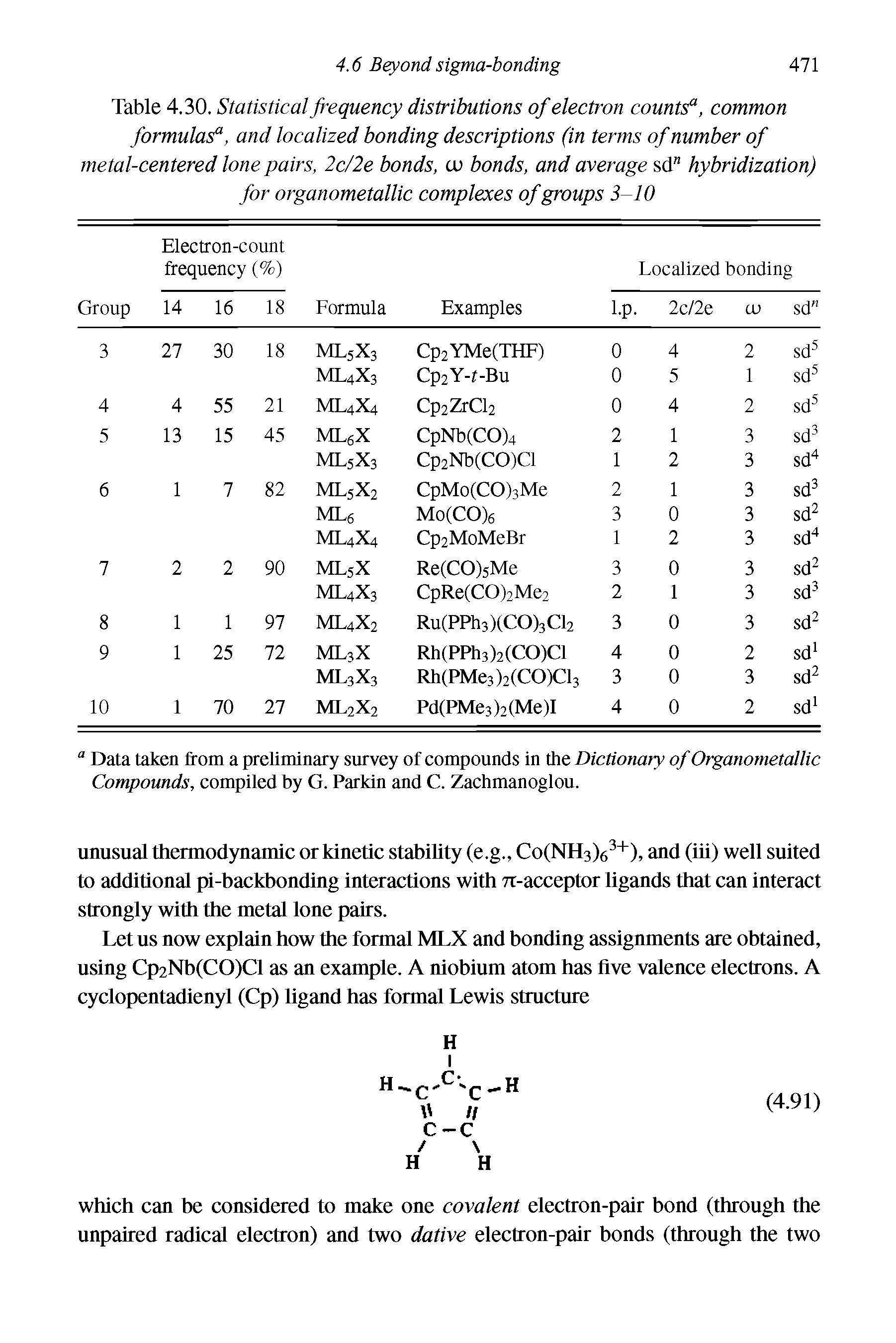 Table 4.30. Statistical frequency distributions of electron countsa, common formulasa, and localized bonding descriptions (in terms of number of metal-centered lone pairs, 2c/2e bonds, tu bonds, and average sd hybridization) for organometallic complexes of groups 3-10...