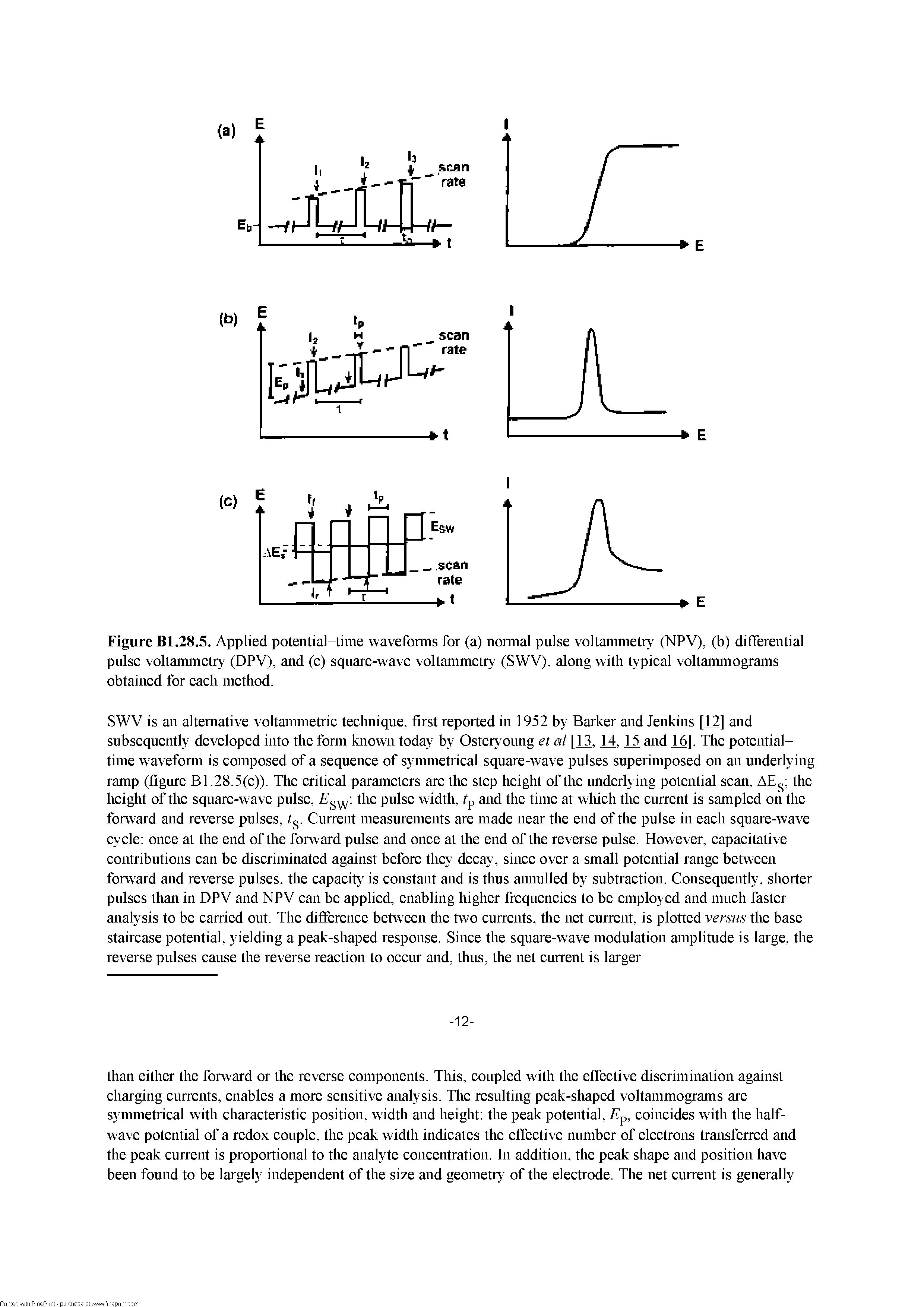 Figure Bl.28.5. Applied potential-time wavefonns for (a) nomial pulse voltannnetry (NPV), (b) differential pulse voltannnetry (DPV), and (e) square-wave voltammetry (SWV), along with typieal voltannnograms obtained for eaeh method.