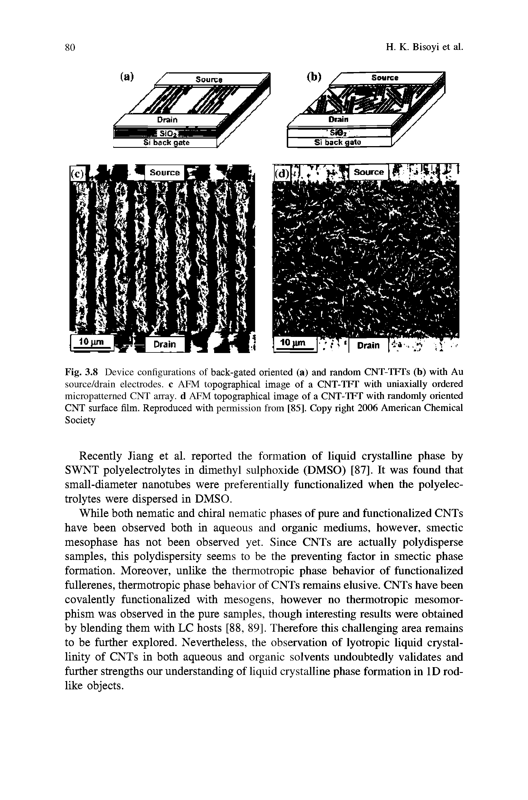 Fig. 3.8 Device configurations of back-gated oriented (a) and random CNT-TFTs (b) with Au source/drain electrodes, c AFM topographical image of a CNT-TFT with uniaxially ordered micropatterned CNT array, d AFM topographical image of a CNT-TFT with randomly oriented CNT surface film. Reproduced with permission from [85]. Copy right 2006 American Chemical Society...