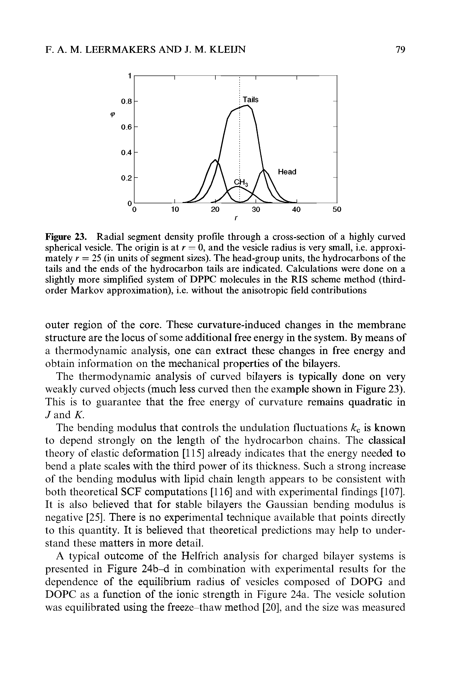 Figure 23. Radial segment density profile through a cross-section of a highly curved spherical vesicle. The origin is at r = 0, and the vesicle radius is very small, i.e. approximately r = 25 (in units of segment sizes). The head-group units, the hydrocarbons of the tails and the ends of the hydrocarbon tails are indicated. Calculations were done on a slightly more simplified system of DPPC molecules in the RIS scheme method (third-order Markov approximation), i.e. without the anisotropic field contributions...