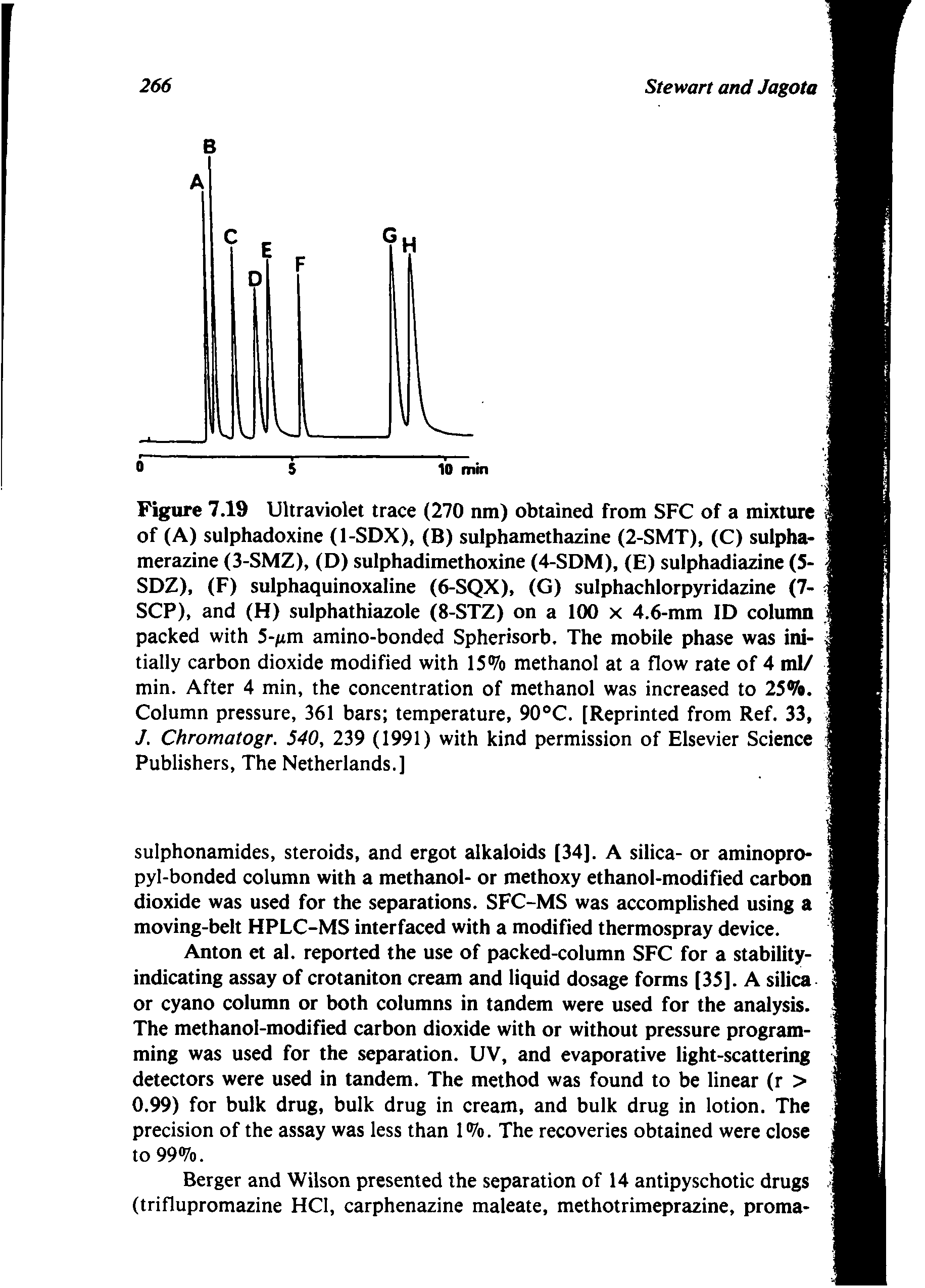 Figure 7.19 Ultraviolet trace (270 nm) obtained from SFC of a mixture of (A) sulphadoxine (1-SDX), (B) sulphamethazine (2-SMT), (C) sulpha-merazine (3-SMZ), (D) sulphadimethoxine (4-SDM), (E) sulphadiazine (5-SDZ), (F) sulphaquinoxaline (6-SQX), (G) sulphachlorpyridazine (7-SCP), and (H) sulphathiazole (8-STZ) on a 100 x 4.6-mm ID column packed with 5- tm amino-bonded Spherisorb. The mobile phase was initially carbon dioxide modified with 15% methanol at a flow rate of 4 ml/ min. After 4 min, the concentration of methanol was increased to 25%. Column pressure, 361 bars temperature, 90°C. [Reprinted from Ref. 33, J. Chromatogr. 540, 239 (1991) with kind permission of Elsevier Science Publishers, The Netherlands.]...