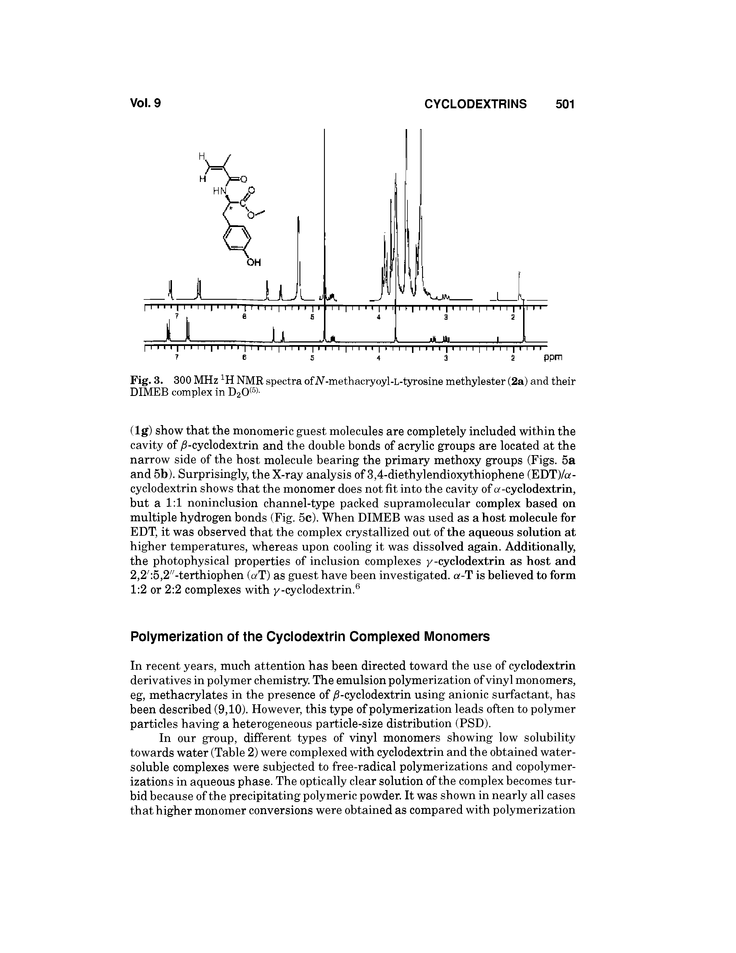 Fig. 3. 300 MHz NMR spectra of A -methacryoyl-L-tyrosine methylester (2a) and their DIMEB complex in D20 ...