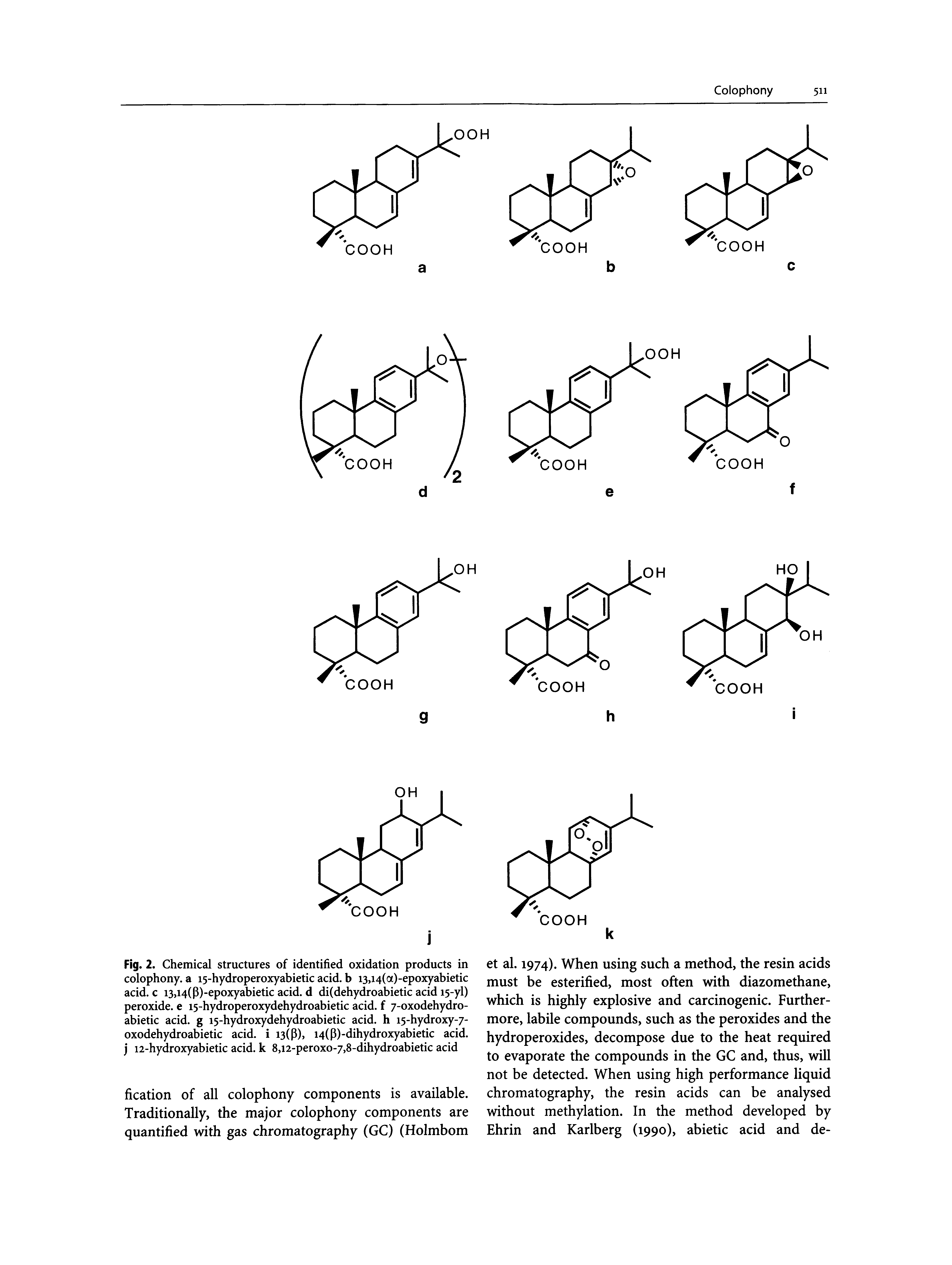 Fig. 2. Chemical structures of identified oxidation products in colophony, a 15-hydroperoxyabietic acid, b i3,i4(a)-epoxyabietic acid, c i3,i4(p)-epoxyabietic acid, d di(dehydroabietic acid 15-yl) peroxide, e 15-hydroperoxydehydroabietic acid, f 7-oxodehydro-abietic acid, g 15-hydroxydehydroabietic acid, h 15-hydroxy-/-oxodehydroabietic acid, i i3(p), i4(p)-dihydroxyabietic acid, j 12-hydroxyabietic acid, k 8,i2-peroxo-7,8-dihydroabietic acid...