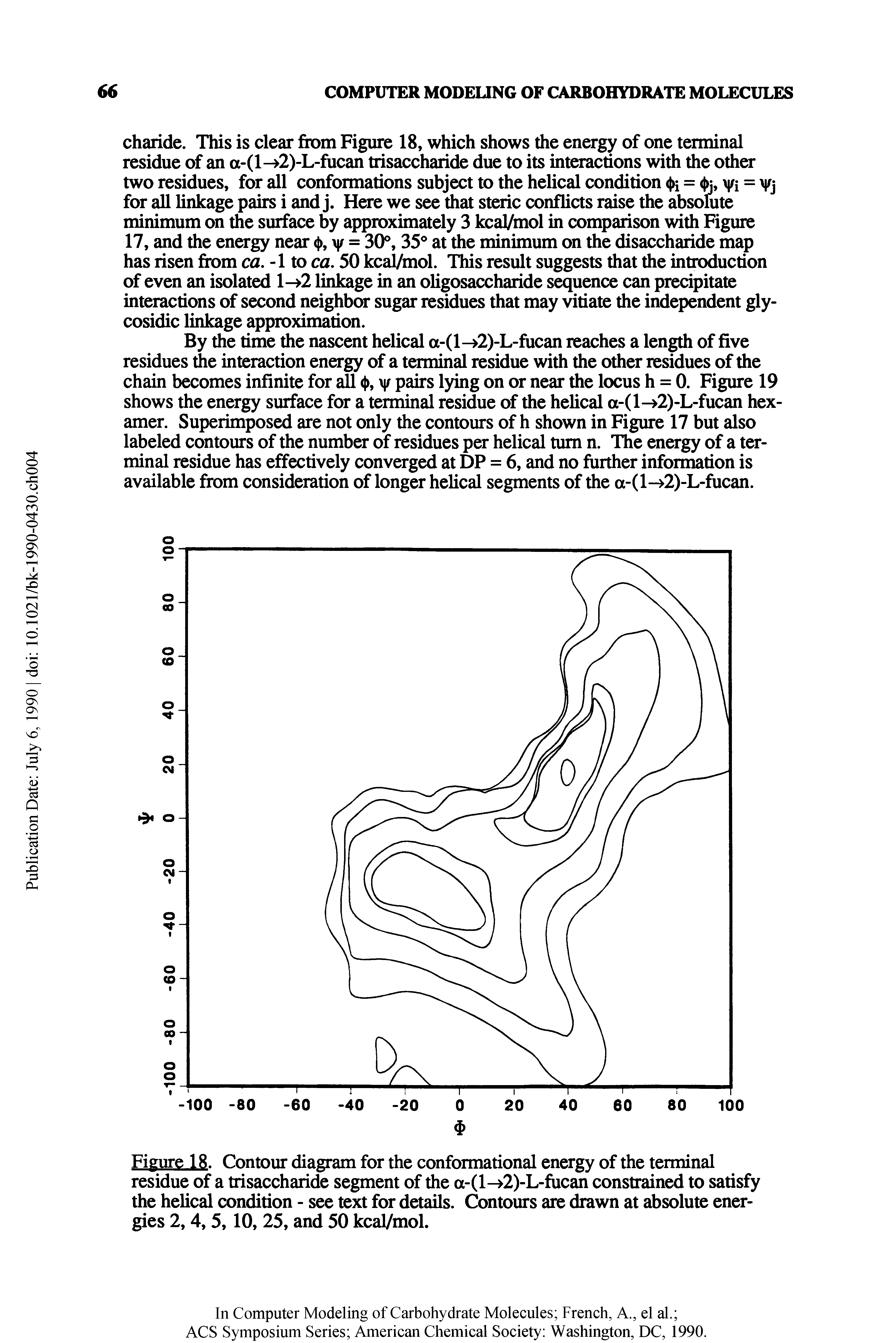 Figure 18. Contour diagram for the conformational energy of the terminal residue of a trisaccharide segment of the a-(1 2)-L-fucan constrained to satisfy the helical condition - see text for details. Contours are drawn at absolute energies 2,4, 5, 10, 25, and 50 kcal/mol.