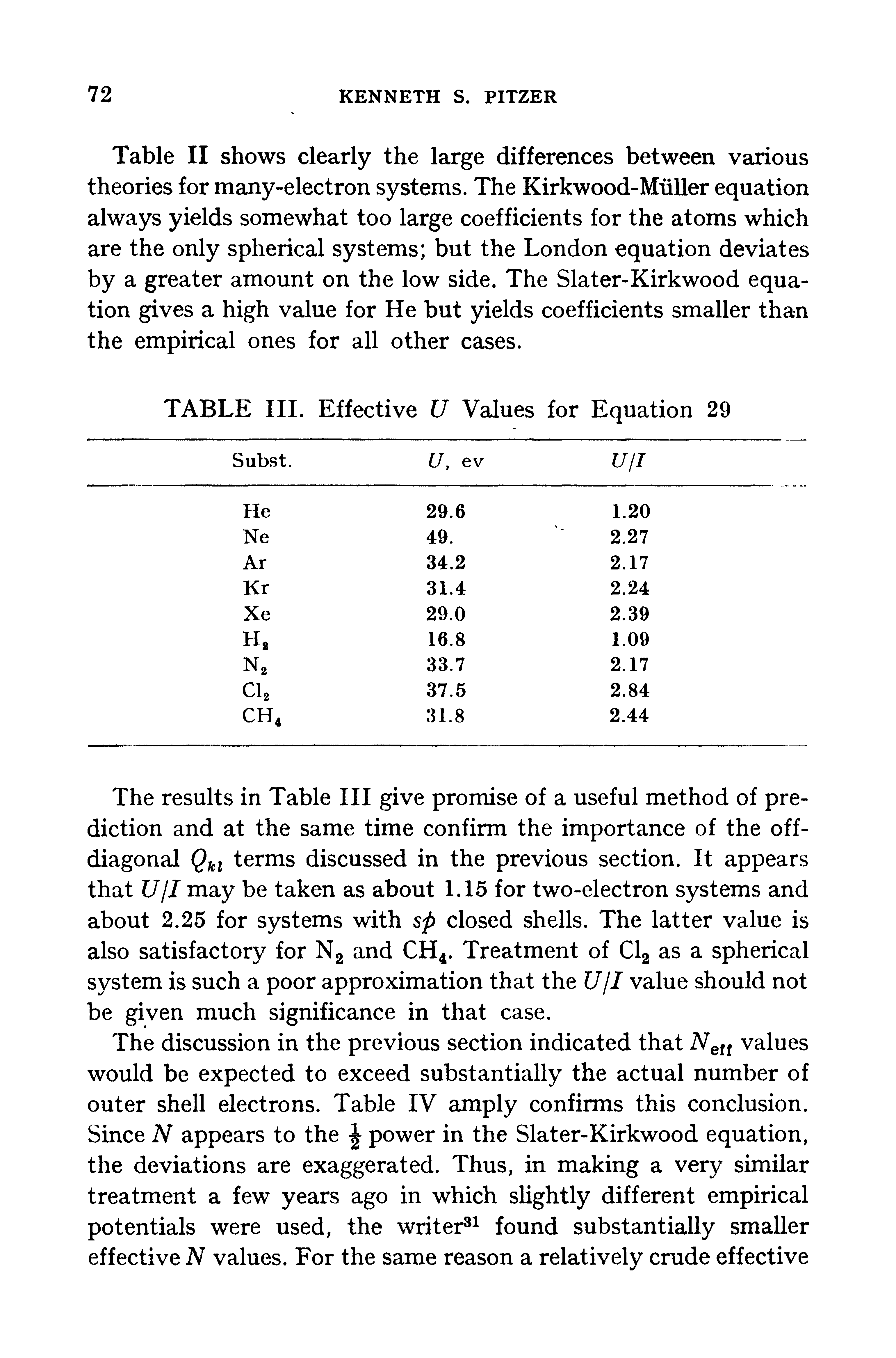 Table II shows clearly the large differences between various theories for many-electron systems. The Kirkwood-Muller equation always yields somewhat too large coefficients for the atoms which are the only spherical systems but the London equation deviates by a greater amount on the low side. The Slater-Kirkwood equation gives a high value for He but yields coefficients smaller than the empirical ones for all other cases.
