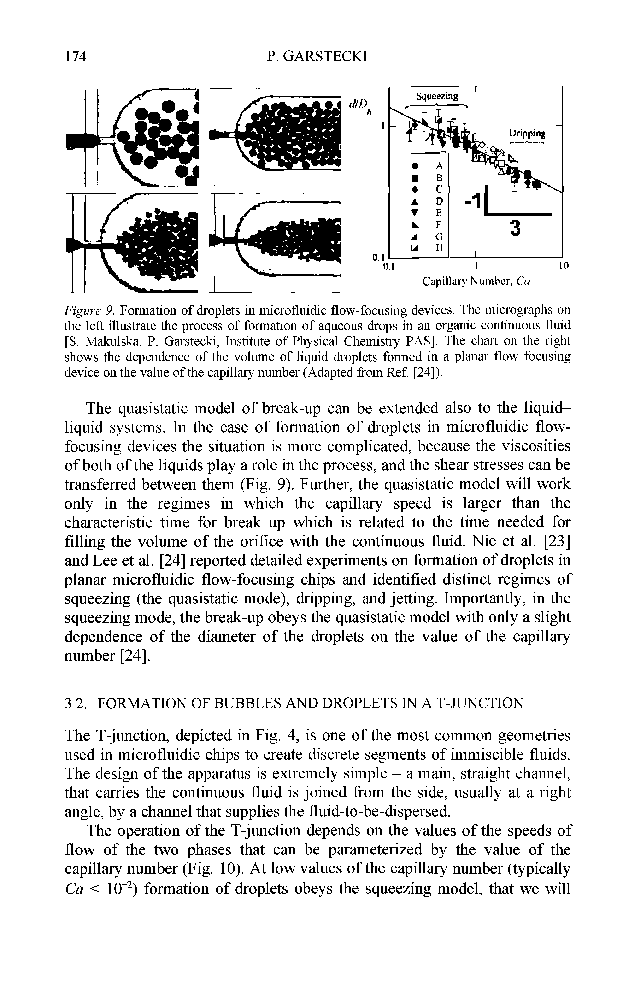 Figure 9. Formation of droplets in microfluidic flow-focusing devices. The micrographs on the left illustrate the process of formation of aqueous drops in an organic continuous fluid [S. Makulska, P. Garstecki, Institute of Physical Chemistry PAS]. The chart on the right shows the dependence of the volume of liquid droplets formed in a planar flow focusing device on the value of the capillary number (Adapted from Ref [24]).