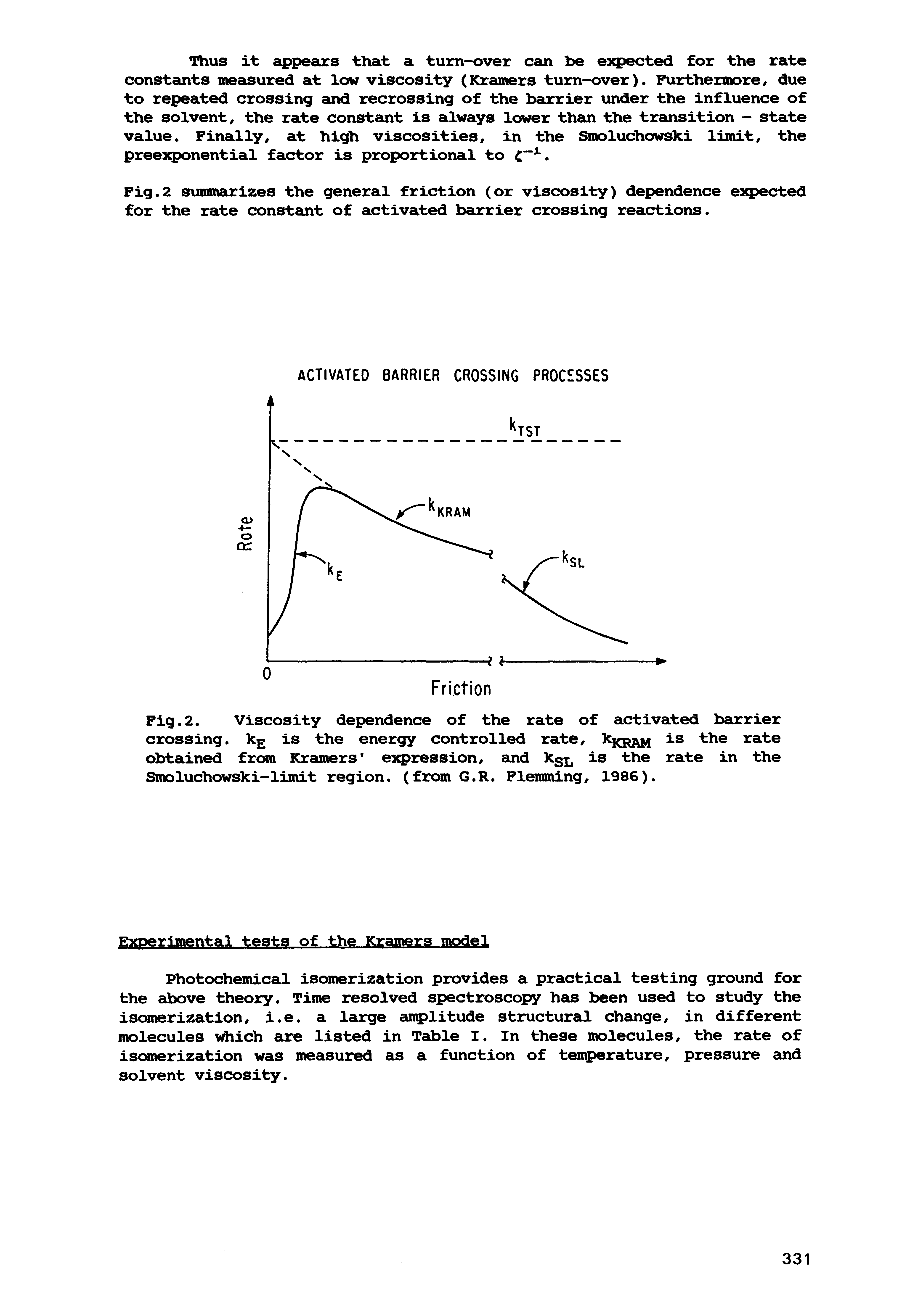 Fig.2. Viscosity dependence of the rate of activated bairrier crossing, k is the energy controlled rate, kjQ is the rate obtained from Kramers expression, and k5jj is the rate in the Smoluchowski-limit region, (from G.R. Flemming, 1986).