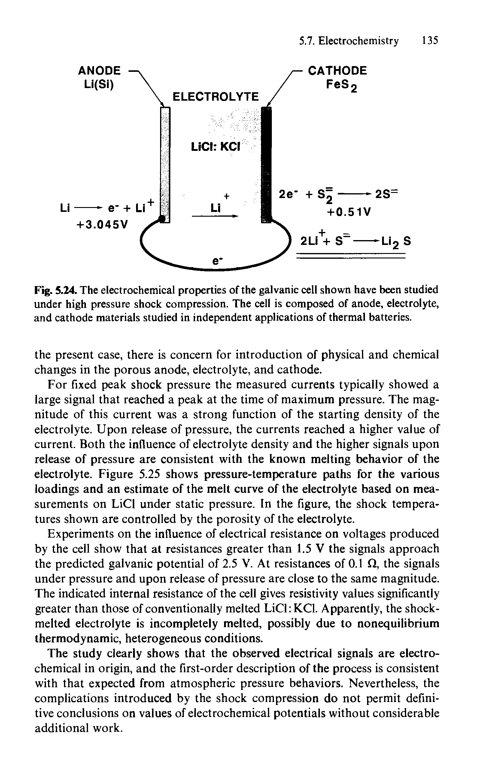 Fig. 5.24. The electrochemical properties of the galvanic cell shown have been studied under high pressure shock compression. The cell is composed of anode, electrolyte, and cathode materials studied in independent applications of thermal batteries.