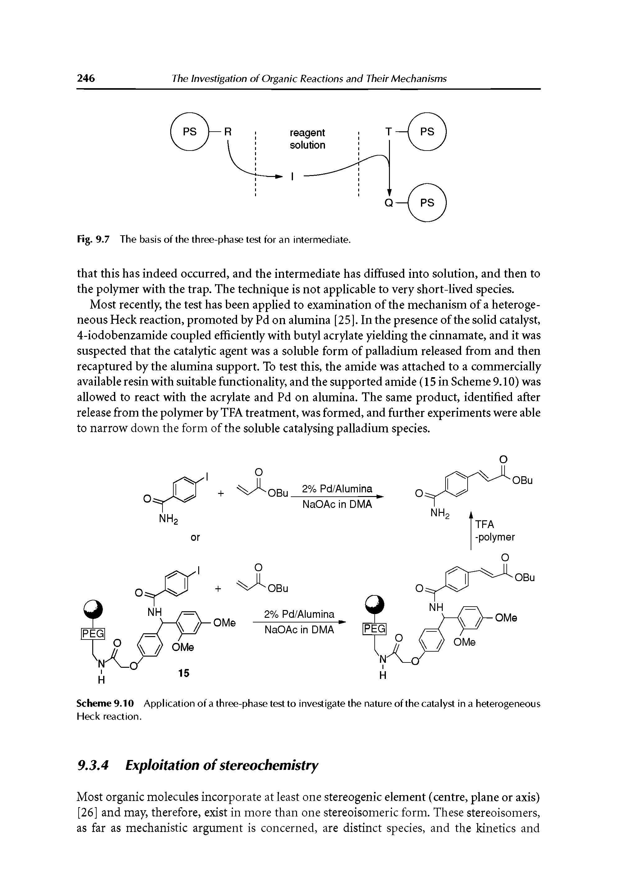 Scheme 9.10 Application of a three-phase test to investigate the nature of the catalyst in a heterogeneous Heck reaction.