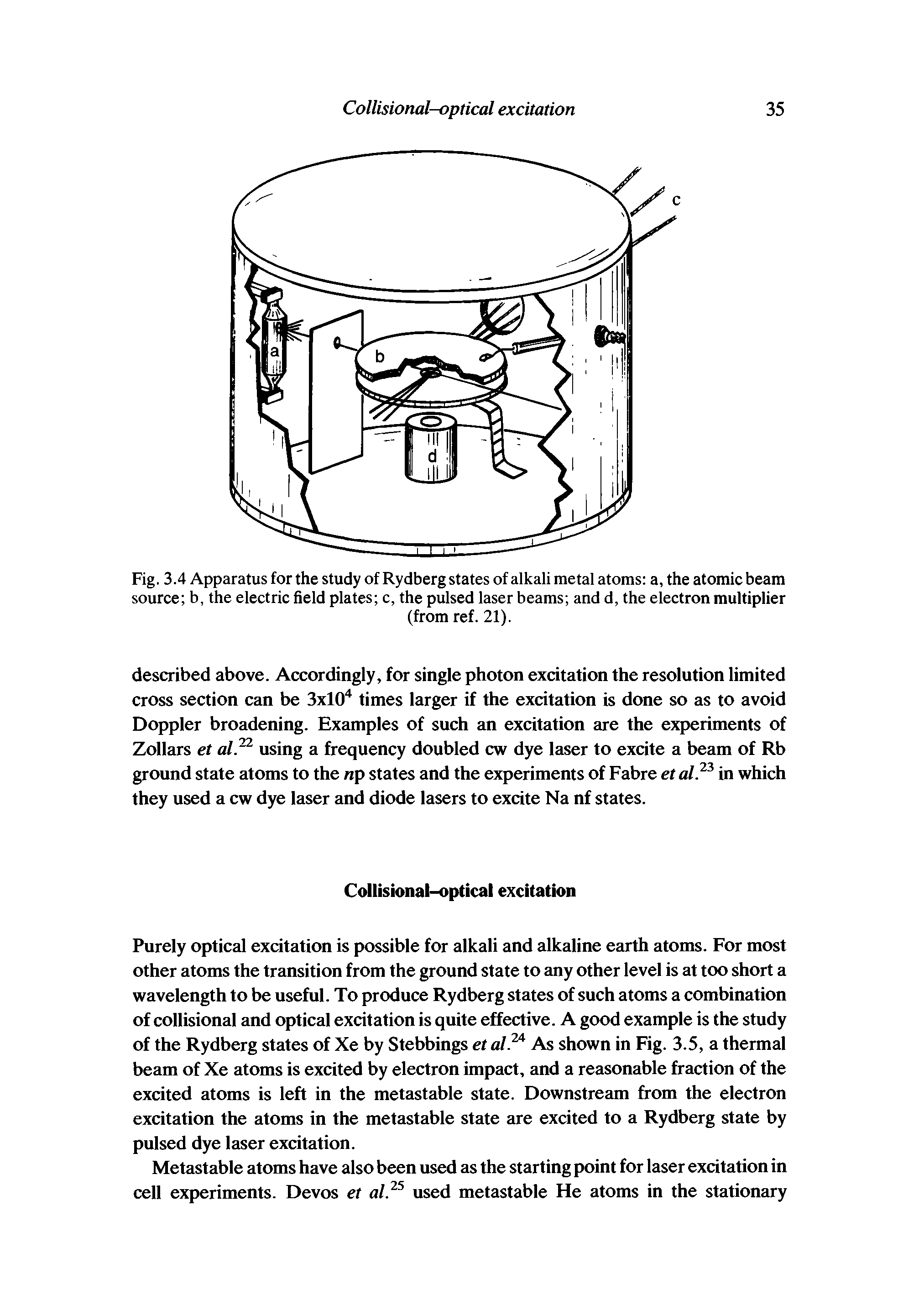 Fig. 3.4 Apparatus for the study of Rydberg states of alkali metal atoms a, the atomic beam source b, the electric field plates c, the pulsed laser beams and d, the electron multiplier...