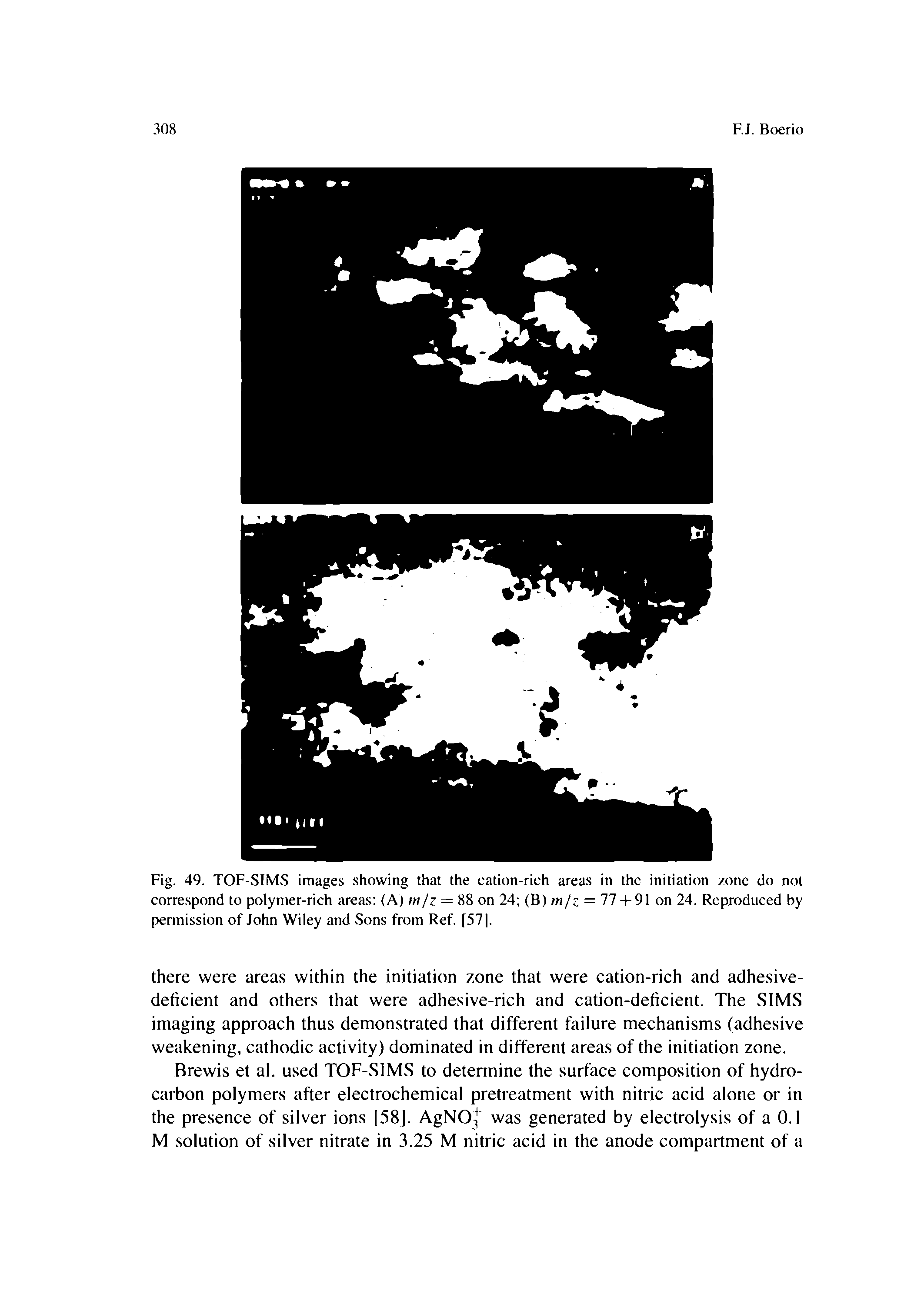 Fig. 49. TOF-SIMS images showing that the cation-rich areas in the initiation zone do not corre.spond to polymer-rich areas (A) mjz. = 88 on 24 (B) tnjz = 77 + 91 on 24. Reproduced by permission of John Wiley and Sons from Ref. [571.