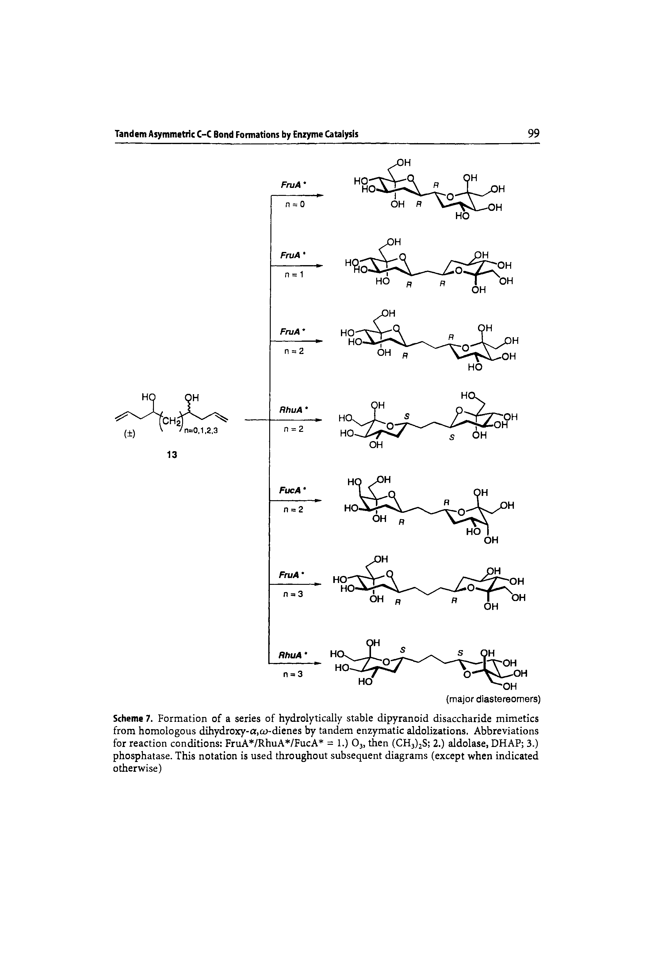 Scheme 7. Formation of a series of hydrolytically stable dipyranoid disaccharide mimetics from homologous dihydroxy- ,ta-dienes by tandem enzymatic aldolizations. Abbreviations for reaction conditions FruA /RhuA /FucA = 1.) O3, then (CHjljS 2.) aldolase, DHAP 3.) phosphatase. This notation is used throughout subsequent diagrams (except when indicated otherwise)...