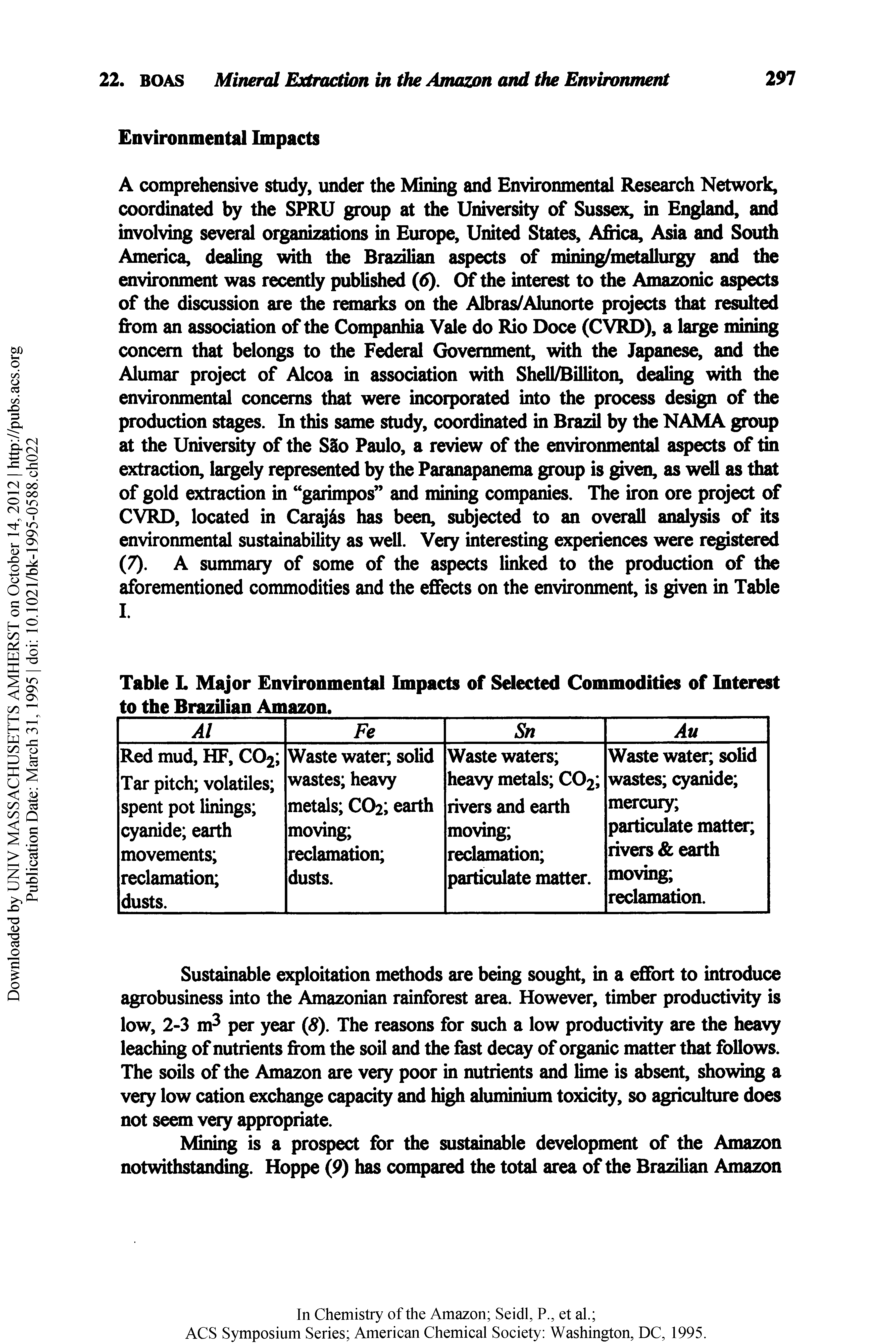 Table L Major Environmental Impacts of Selected Commodities of Interest to the Brazilian Amazon.