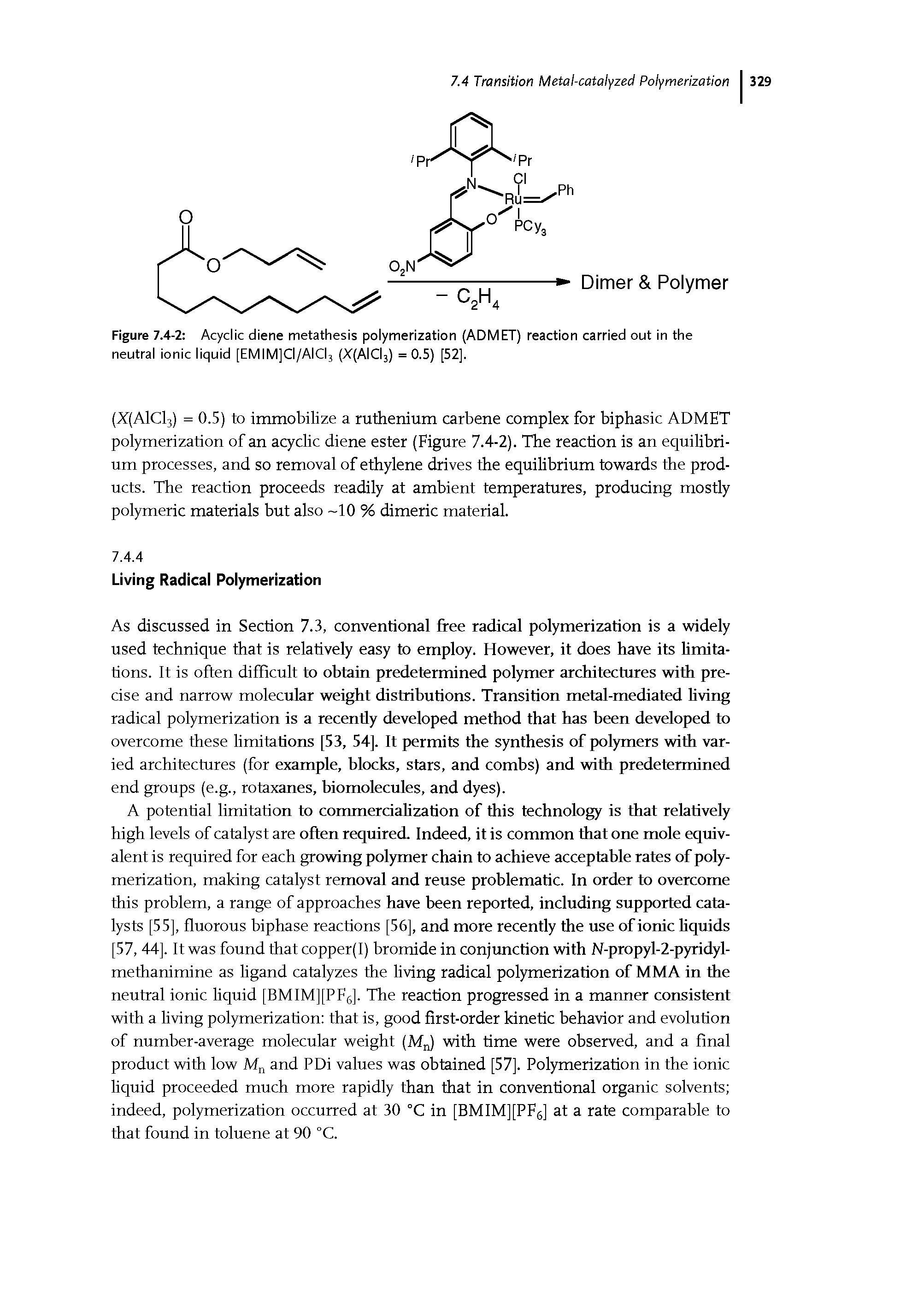 Figure 7.4-2 Acyclic diene metathesis polymerization (ADMET) reaction carried out in the neutral ionic liquid [EMIM]CI/AICl3 (X(AICI3) = 0.5) [52],...