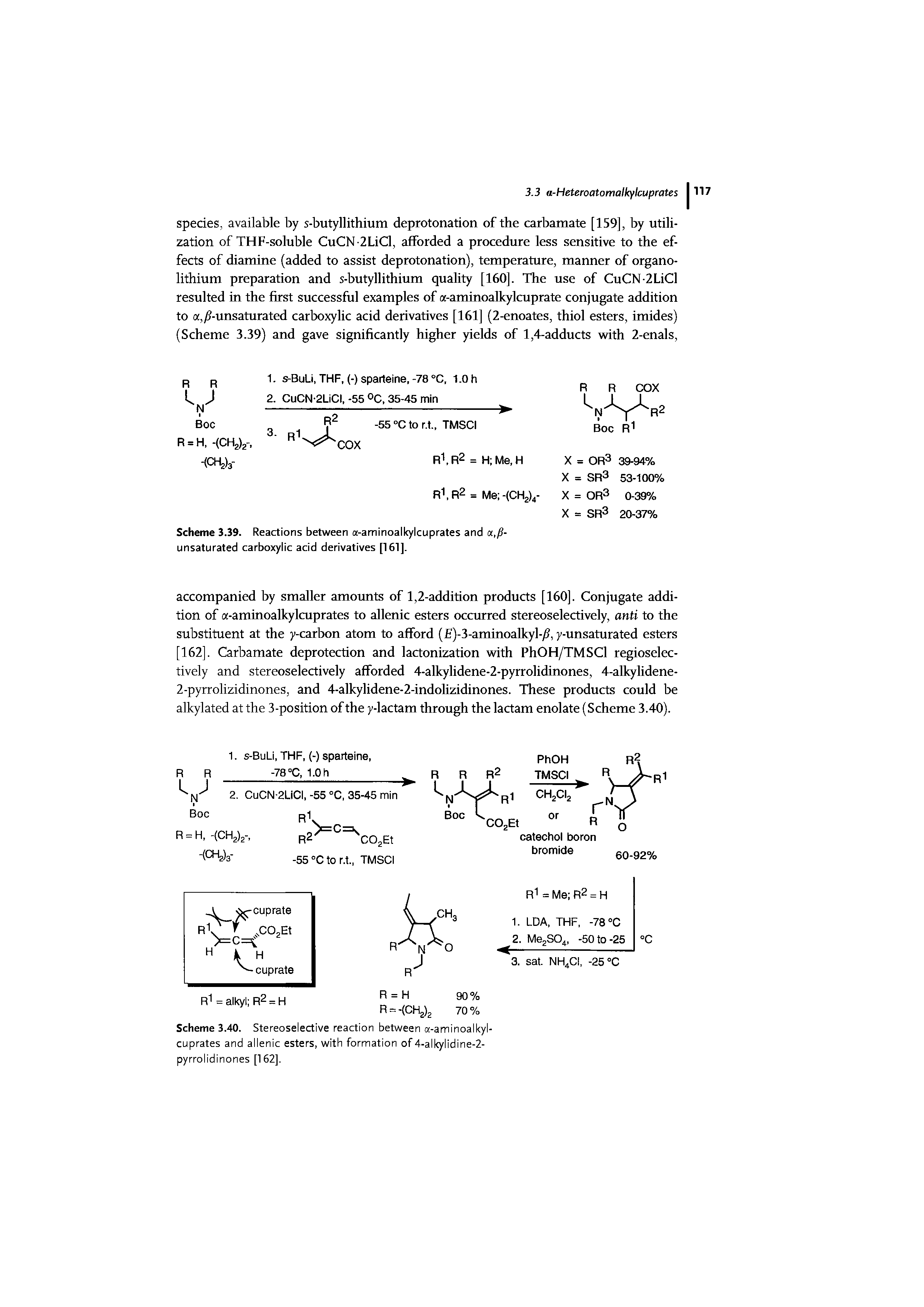 Scheme 3.39. Reactions between a-aminoalkylcuprates and a,fl-unsaturated carboxylic acid derivatives [161].