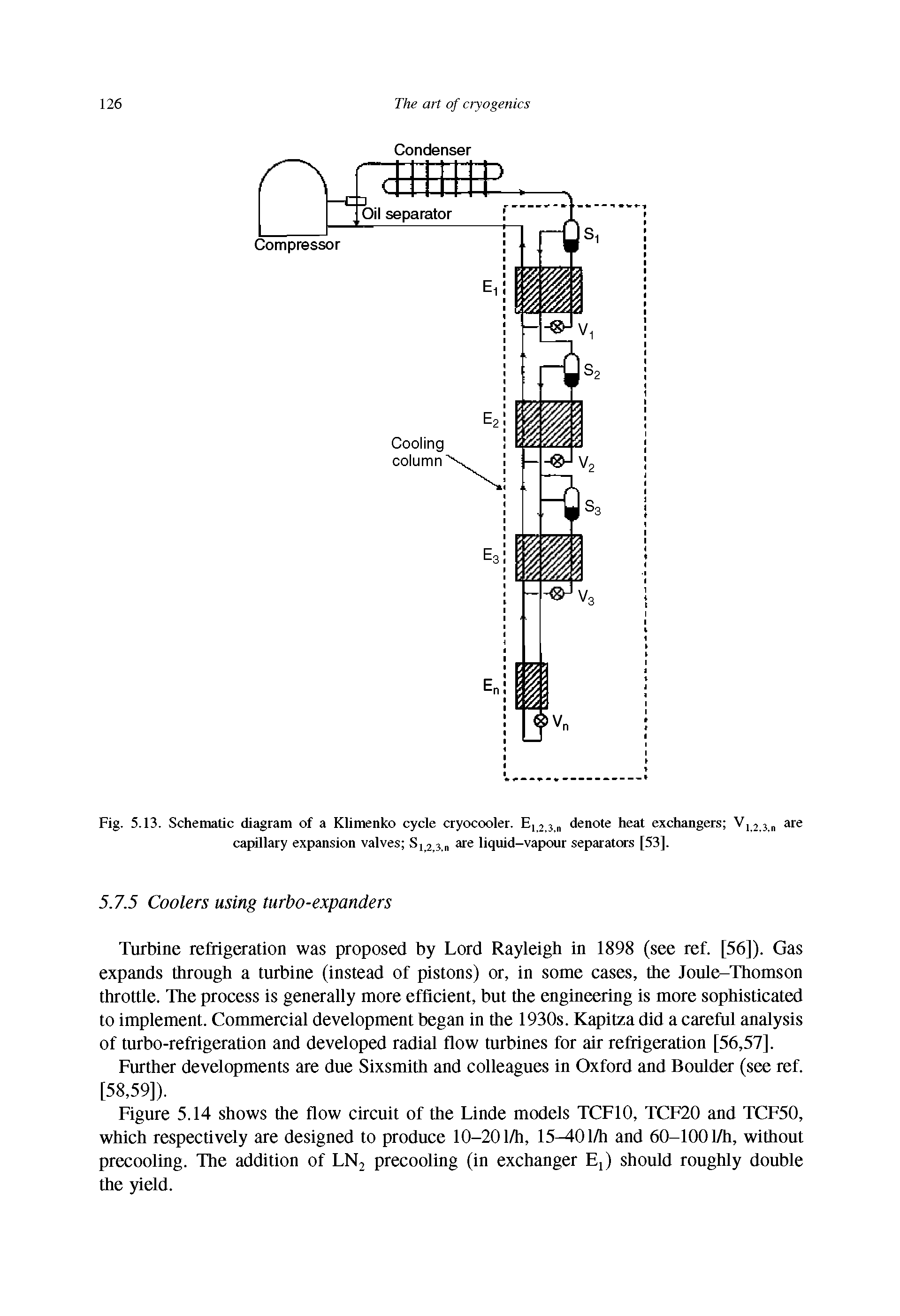 Fig. 5.13. Schematic diagram of a Klimenko cycle cryocooler. E123 denote heat exchangers V12 3 n are capillary expansion valves S12 3in are liquid-vapour separators [53].
