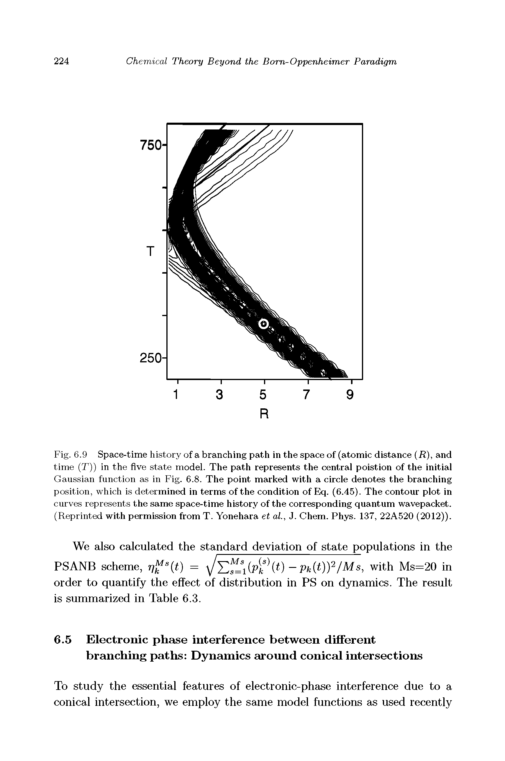 Fig. 6.9 Space-time history of a branching path in the space of (atomic distance (R), and time (T)) in the five state model. The path represents the central poistion of the initial Gaussian function as in Fig. 6.8. The point marked with a circle denotes the branching position, which is determined in terms of the condition of Ekj. (6.45). The contour plot in curves represents the same space-time history of the corresponding quantum wavepacket. (Reprinted with permission from T. Yonehara et al., J. Chem. Phys. 137, 22A520 (2012)).