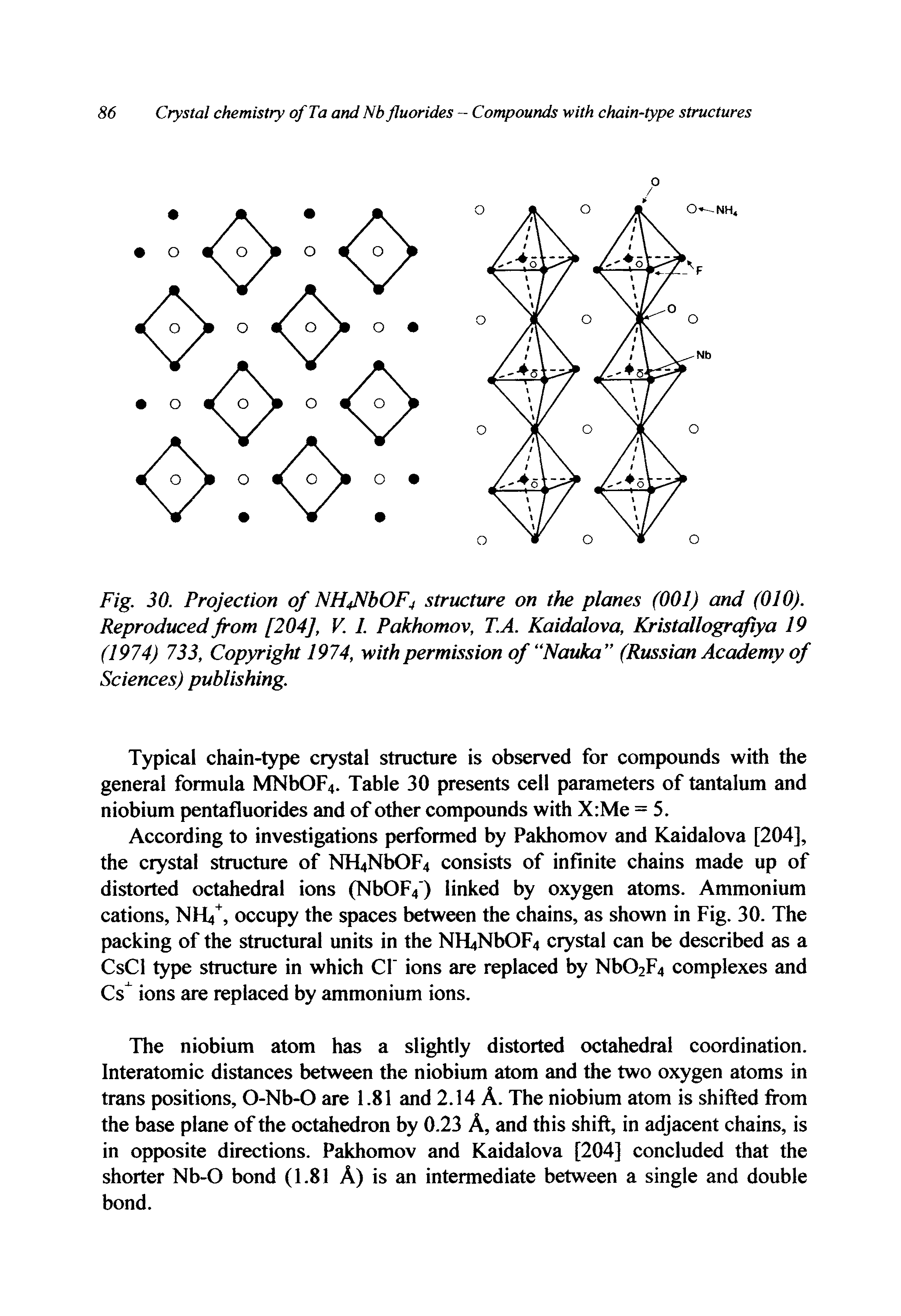 Fig. 30. Projection of NH4NbOF4 structure on the planes (001) and (010). Reproduced from [204], V. 1. Pakhomov, T.A. Kaidalova, Kristallografiya 19 (1974) 733, Copyright 1974, with permission of Nauka (Russian Academy of Sciences) publishing.