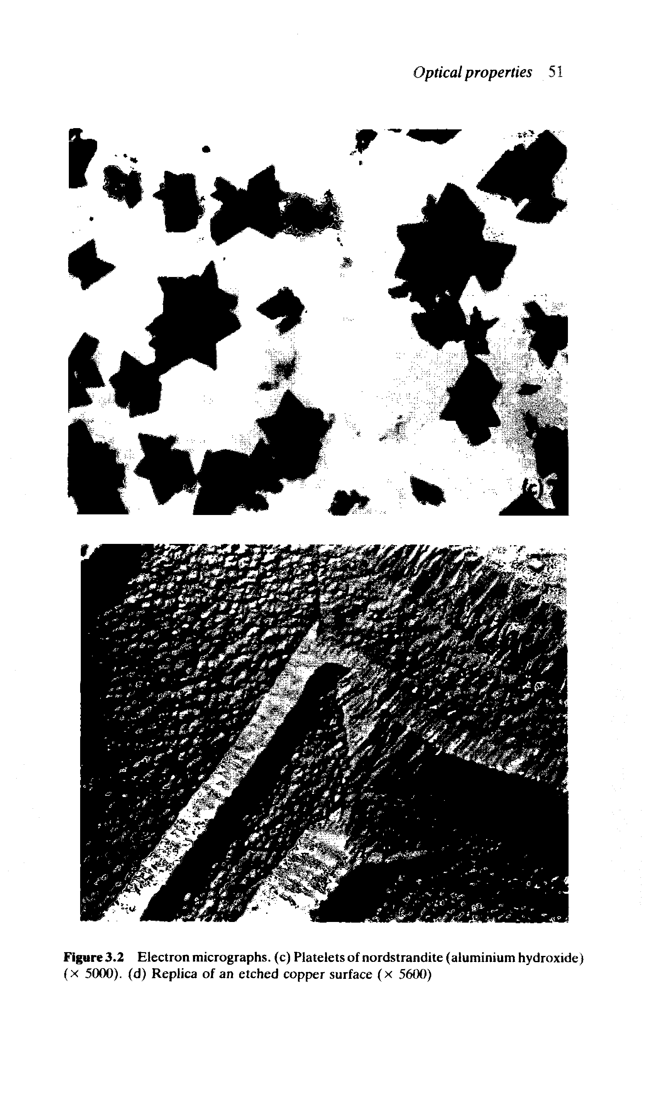 Figure 3.2 Electron micrographs, (c) Platelets of nordstrandite (aluminium hydroxide) (x 5000). (d) Replica of an etched copper surface (x 5600)...