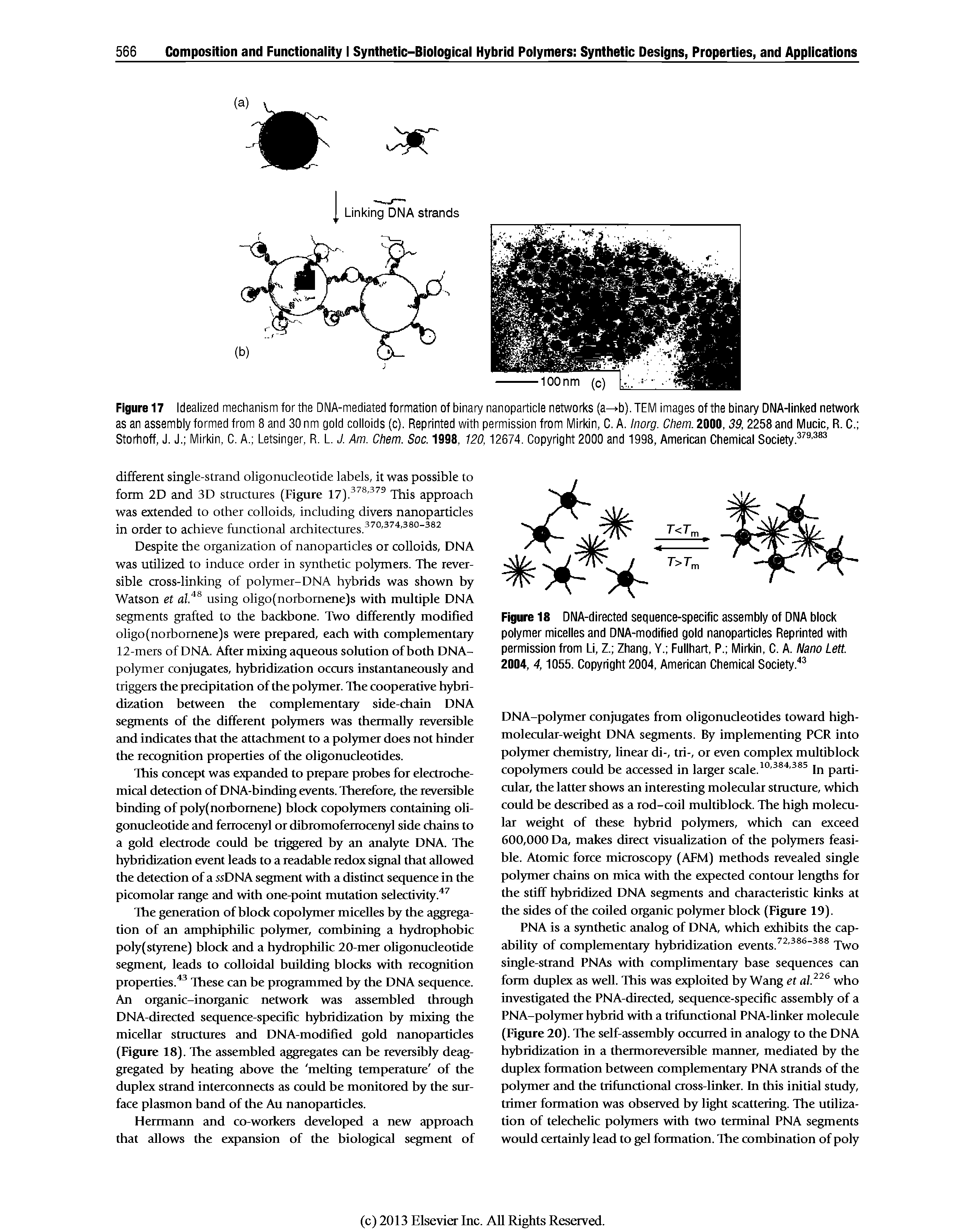 Figure 17 Idealized mechanism for the DNA-mediated formation of binary nanoparticle networks (a b). TEM images of the binary DNAHinked network as an assembly formed from 8 and 30 nm gold colloids (c). Reprinted with permission from Mirkin, C. A. Inorg. Chem. 2000,39,2258 and Mucic, R. C. Storhoff, J. J. Mirkin, C. A. Letsinger, R. L. J. Am. Chem. Soc. 1998, 120,12674. Copyright 2000 and 1998, American Chemical Society. - ...