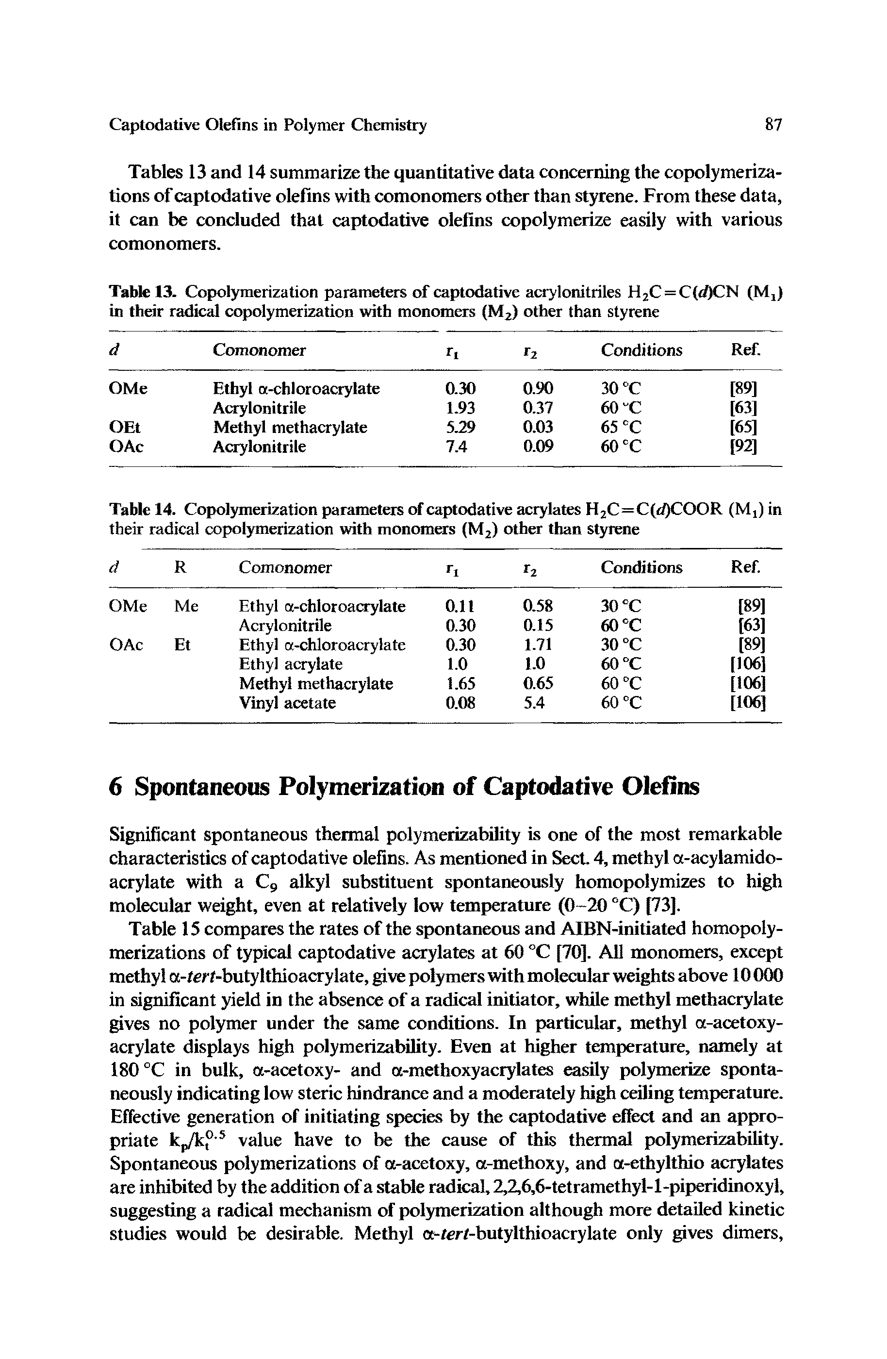 Tables 13 and 14 summarize the quantitative data concerning the copolymerizations of captodative olefins with comonomers other than styrene. From these data, it can be concluded that captodative olefins copolymerize easily with various comonomers.