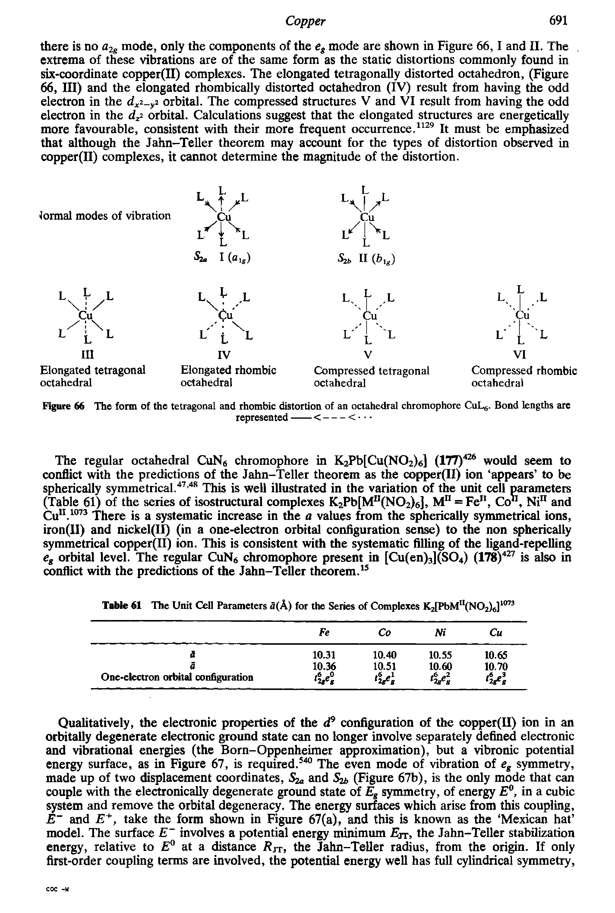 Figure 66 The form of the tetragonal and rhombic distortion of an octahedral chromophore CuL6. Bond lengths are...