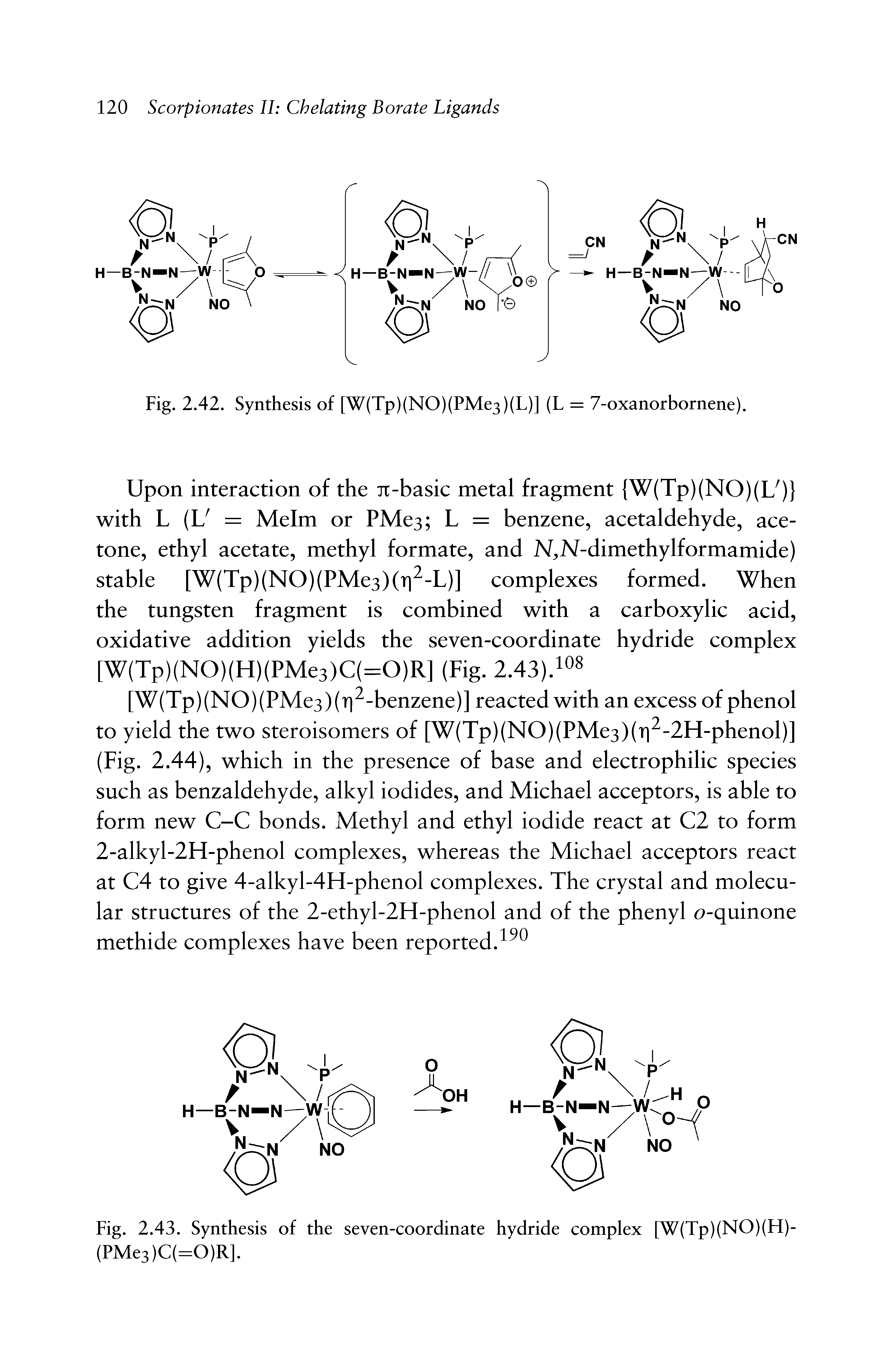 Fig. 2.43. Synthesis of the seven-coordinate hydride complex [W(Tp)(NO)(H)-(PMe3)C(=0)R],...