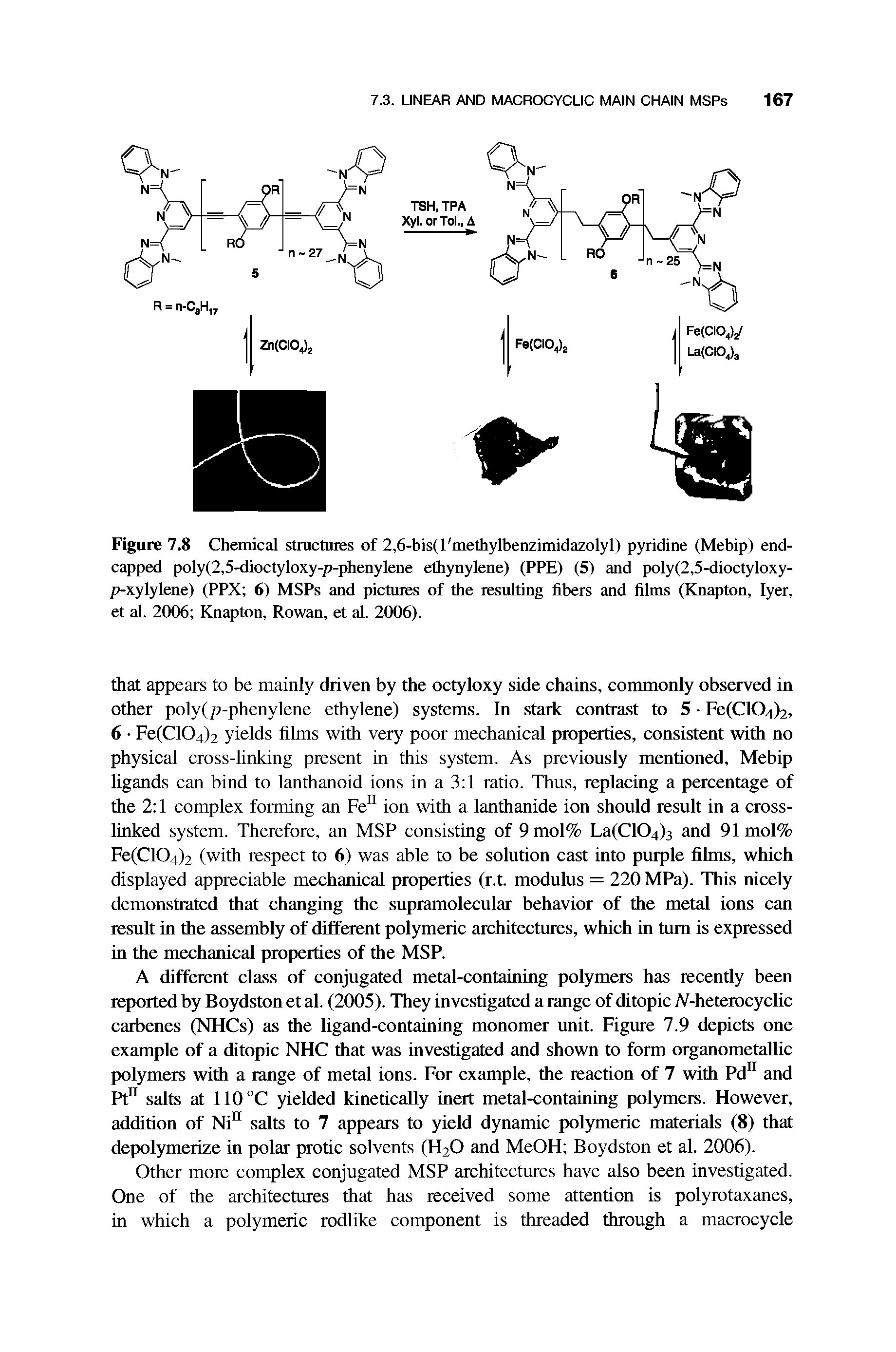 Figure 7.8 Chemical structures of 2,6-bis(l methylbenzimidazolyl) pyridine (Mebip) end-capped poly(2,5-dioctyloxy-p-phenylene ethynylene) (PPE) (5) and poly(2,5-dioctyloxy-p-xylylene) (PPX 6) MSPs and pictures of the resulting fibers and films (Knapton, Iyer, et al. 2006 Knapton, Rowan, et al. 2006).