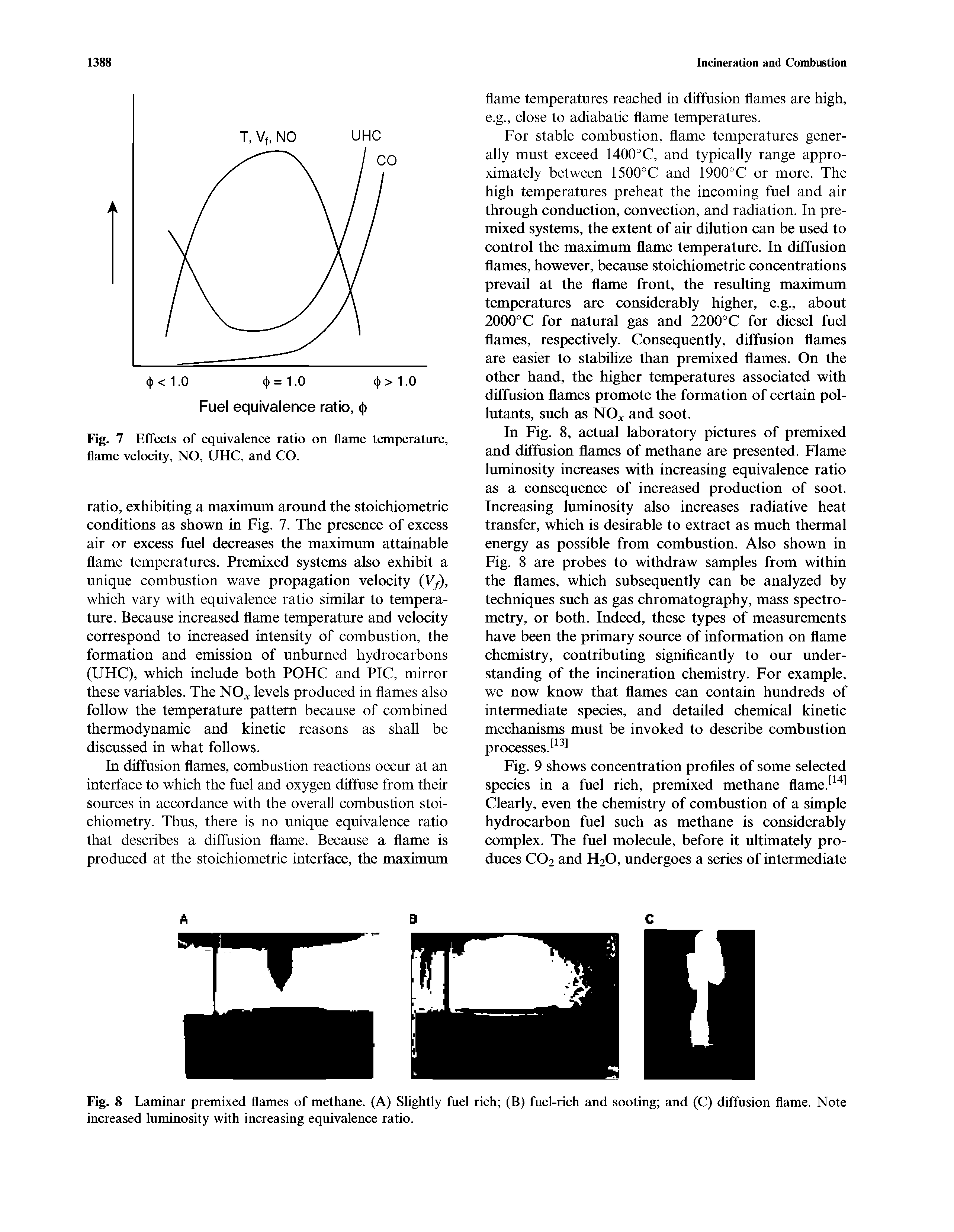 Fig. 8 Laminar premixed flames of methane. (A) Slightly fuel rich (B) fuel-rich and sooting and (C) diffusion flame. Note increased luminosity with increasing equivalence ratio.