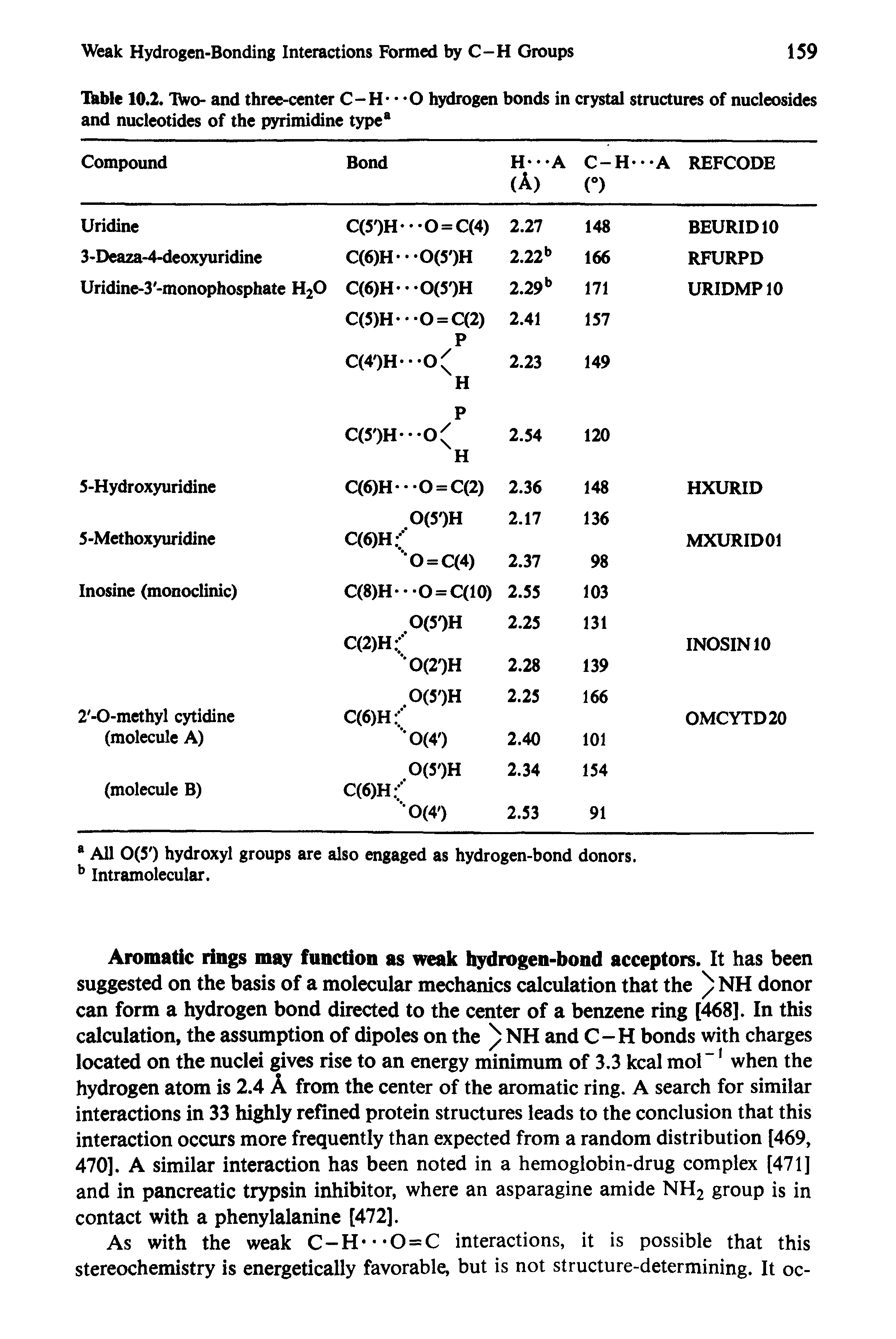 Table 10.2. IWo- and three-center C-H" 0 hydrogen bonds in crystal structures of nucleosides and nucleotides of the pyrimidine typea...