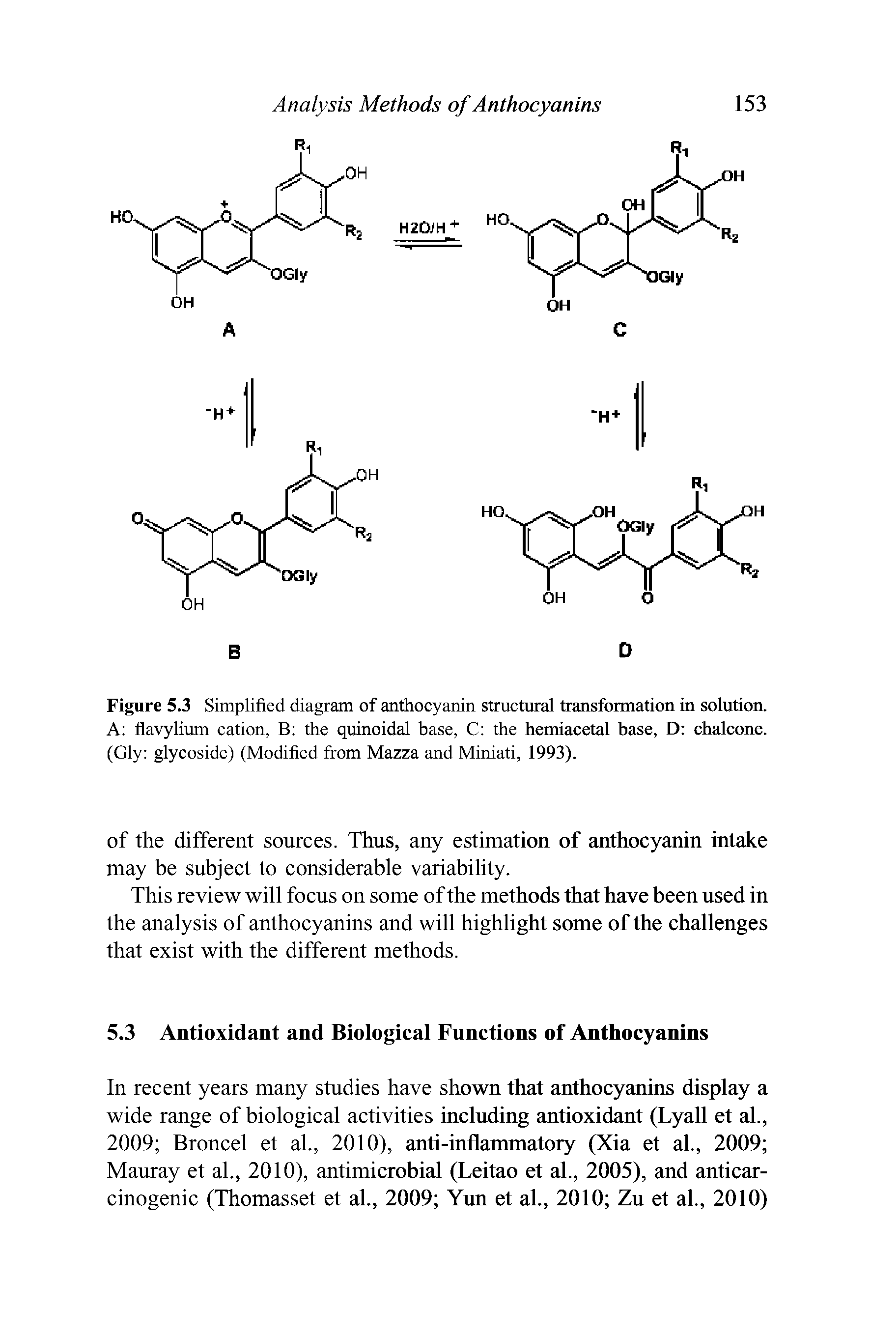 Figure 5.3 Simplified diagram of anthocyanin structural transformation in solution. A flavylium cation, B the quinoidal base, C the hemiacetal base, D chalcone. (Gly glycoside) (Modified from Mazza and Miniati, 1993).