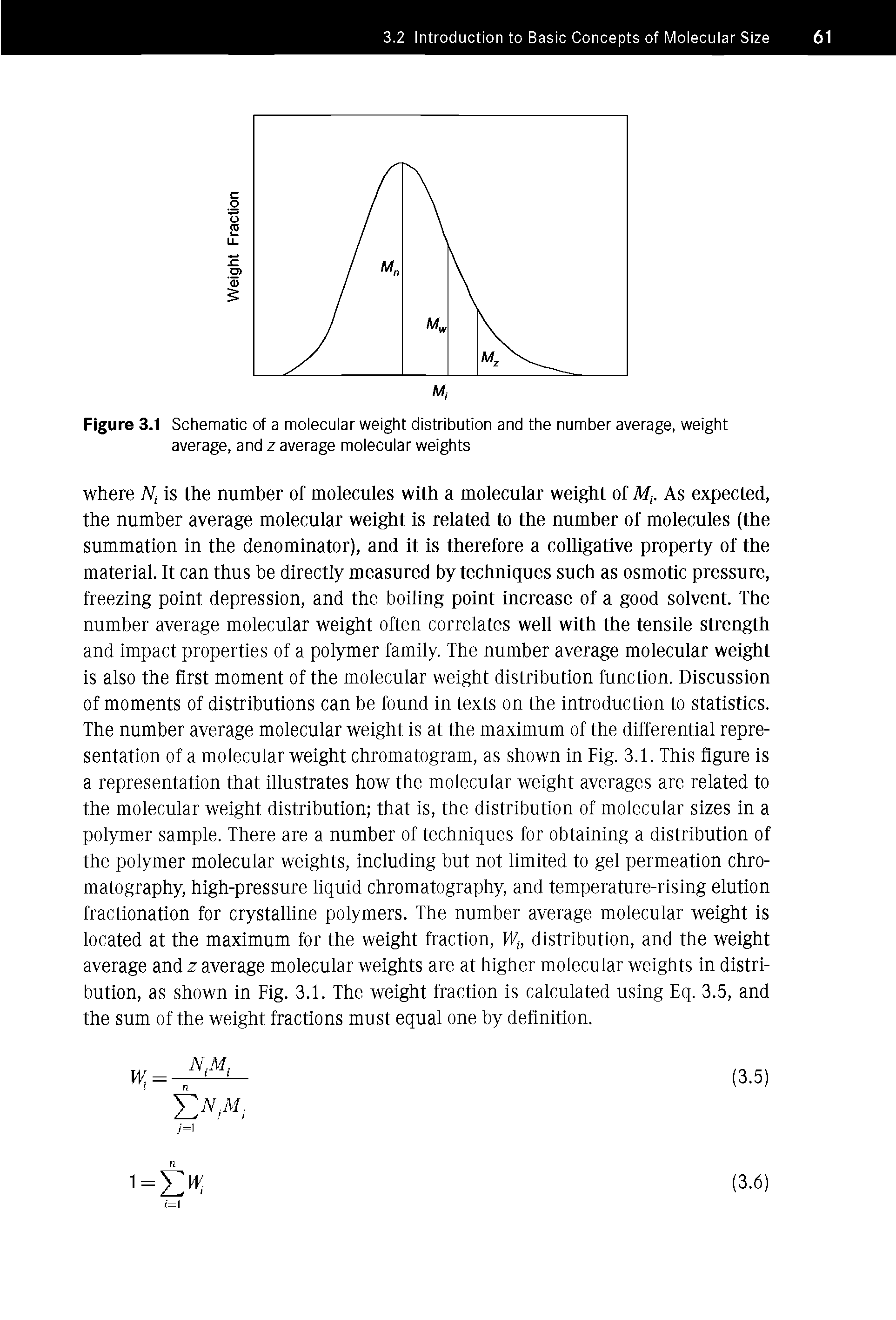 Figure 3.1 Schematic of a molecular weight distribution and the number average, weight average, and z average molecular weights...