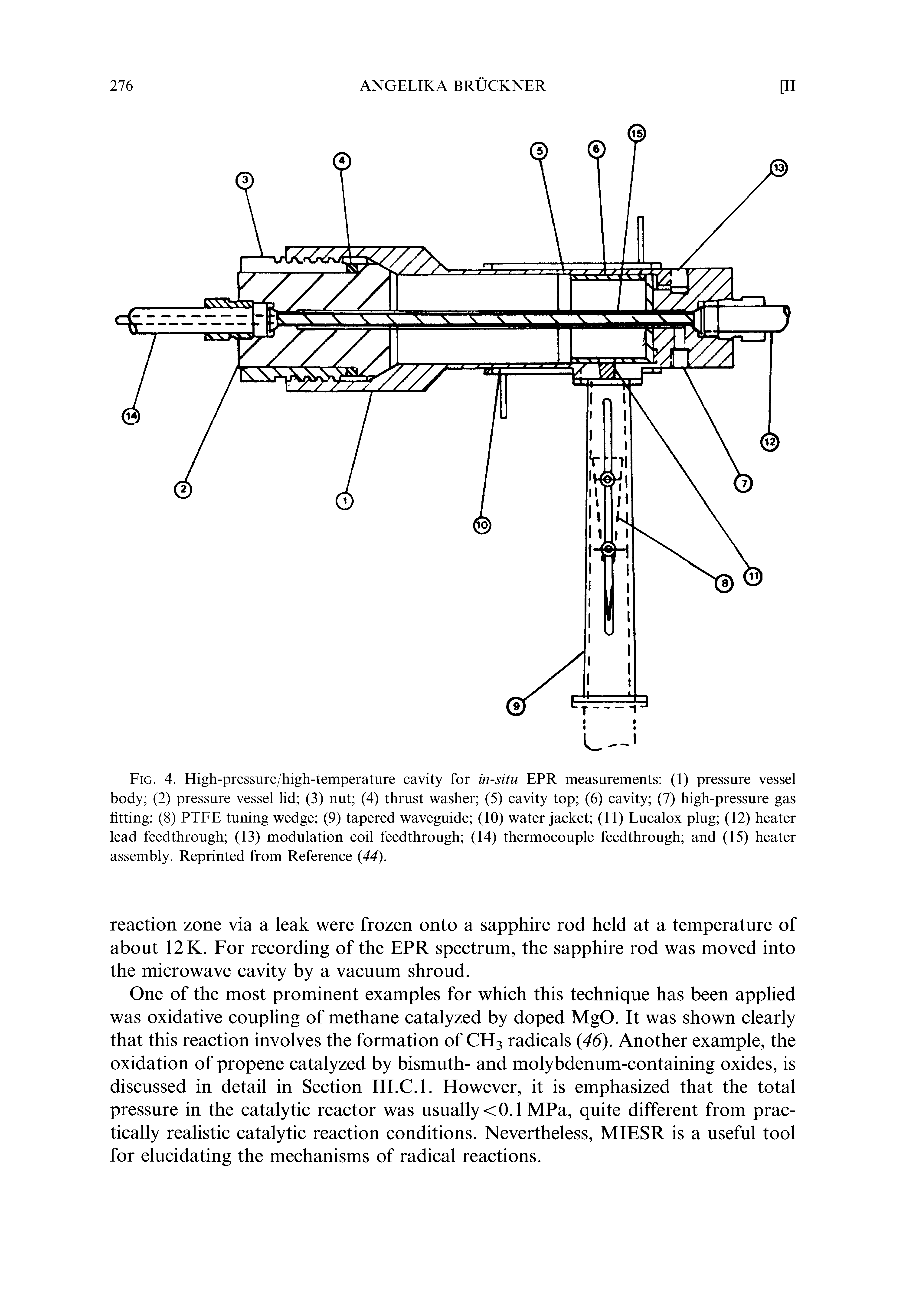 Fig. 4. High-pressure/high-temperature cavity for in-situ EPR measurements (1) pressure vessel body (2) pressure vessel lid (3) nut (4) thrust washer (5) cavity top (6) cavity (7) high-pressure gas fitting (8) PTFE tuning wedge (9) tapered waveguide (10) water jacket (11) Lucalox plug (12) heater lead feedthrough (13) modulation coil feedthrough (14) thermocouple feedthrough and (15) heater assembly. Reprinted from Reference 44).