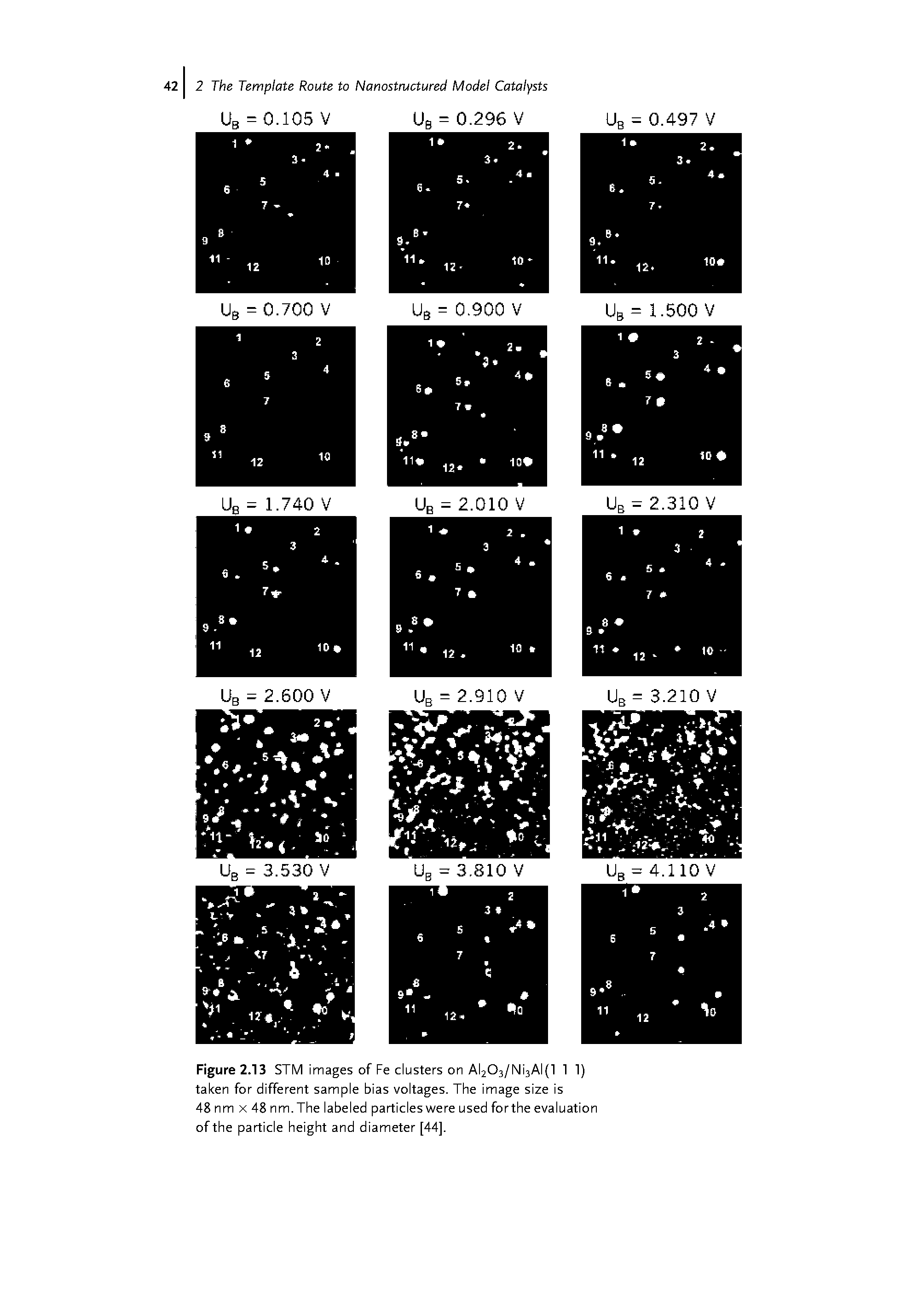 Figure 2.13 STM images of Fe clusters on Al203/Ni3AI(1 1 1) taken for different sample bias voltages. The image size is 48 nm x 48 nm. The labeled particles were used for the evaluation of the particle height and diameter [44].