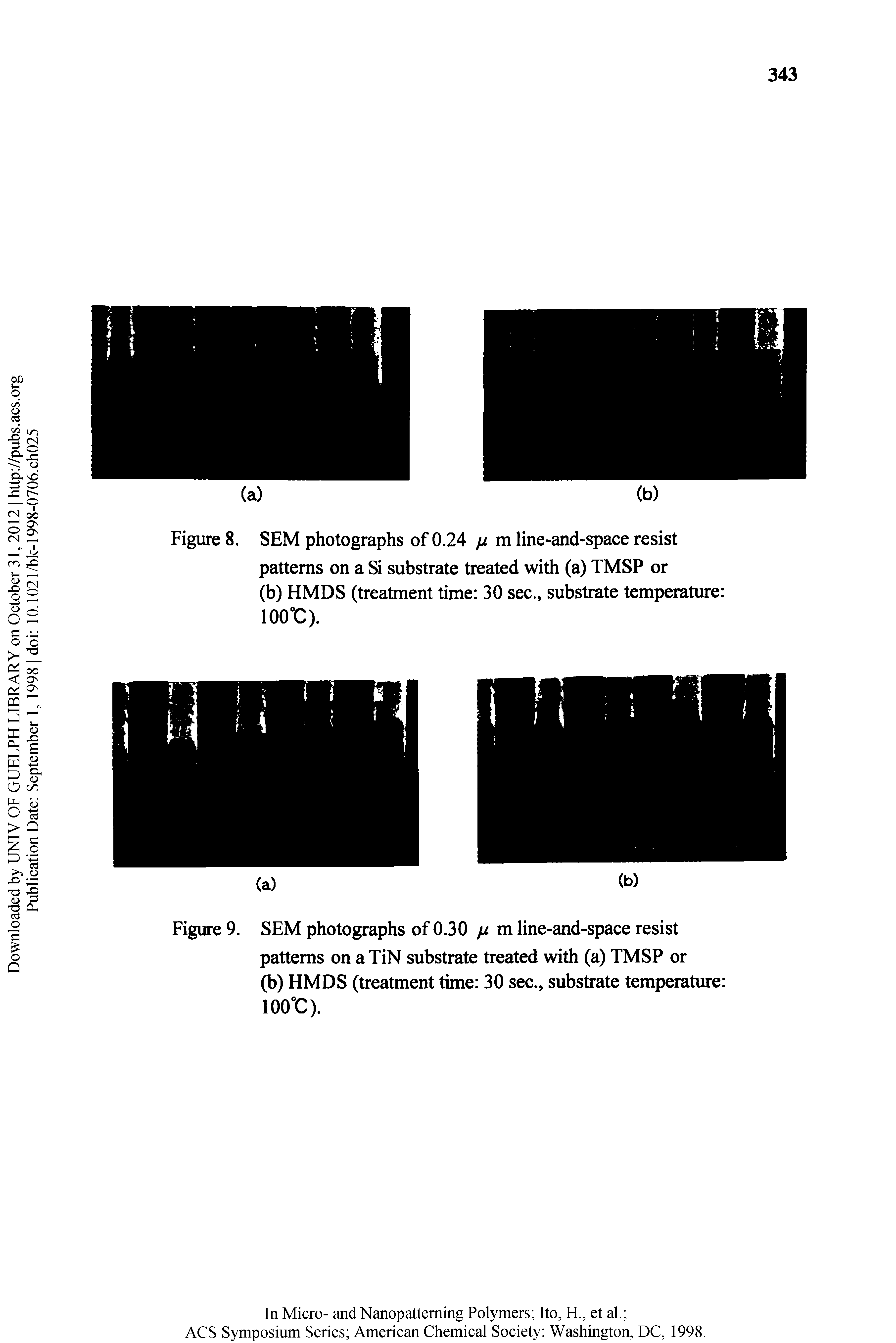 Figure 8. SEM photographs of 0.24 fjL m line-and-space resist patterns on a Si substrate treated with (a) TMSP or (b) HMDS (treatment time 30 sec., substrate temperature 100 C).