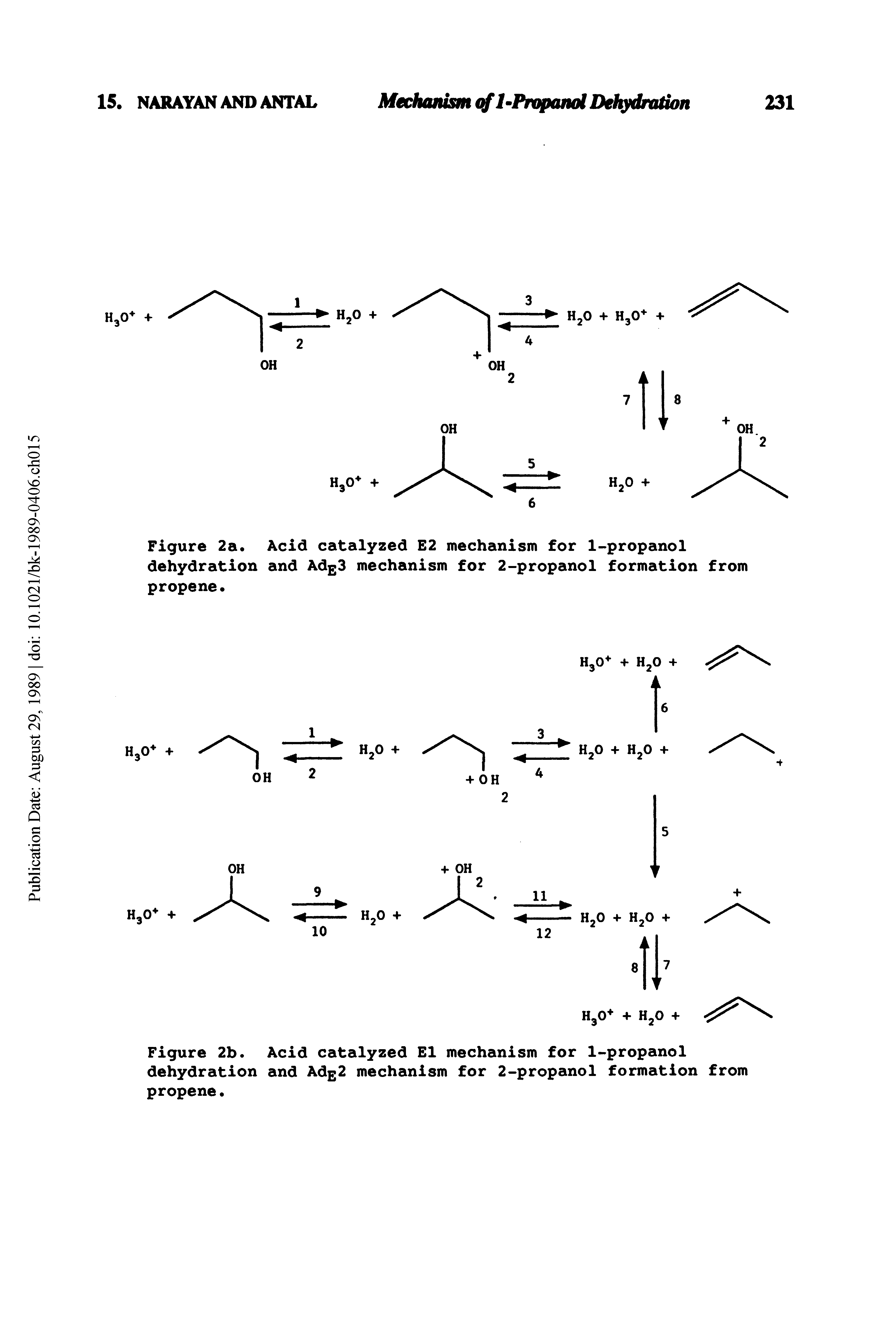 Figure 2a. Acid catalyzed E2 mechanism for 1-propanol dehydration and Adg3 mechanism for 2-propanol formation from propene.
