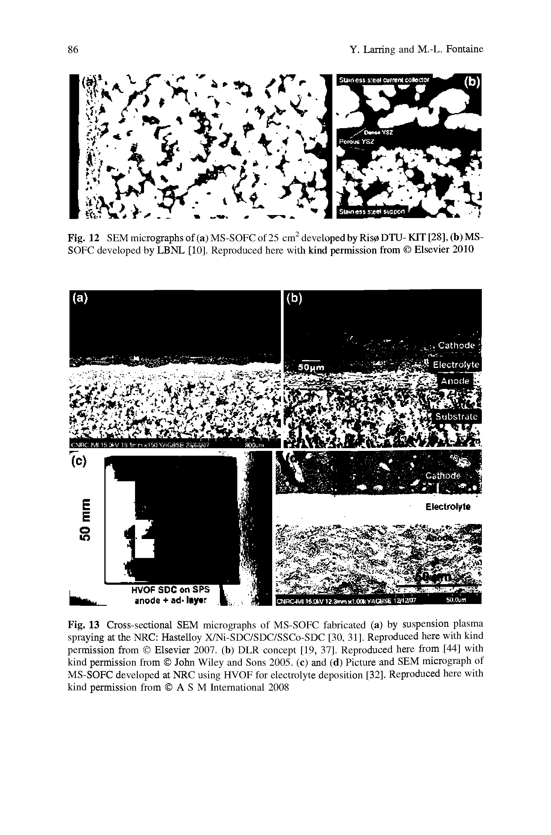 Fig. 13 Cross-sectional SEM micrographs of MS-SOFC fabricated (a) by suspension plasma spraying at the NRC Hastelloy X/Ni-SDC/SDC/SSCo-SDC [30, 31], Reproduced here with kind permission from Elsevier 2007. (b) DLR concept [19, 37]. Reproduced here from [44] with kind permission from John Wiley and Sons 2005. (c) and (d) Picture and SEM micrograph of MS-SOFC developed at NRC using HVOF for electrolyte deposition [32]. Reproduced here with kind permission from ASM International 2008...
