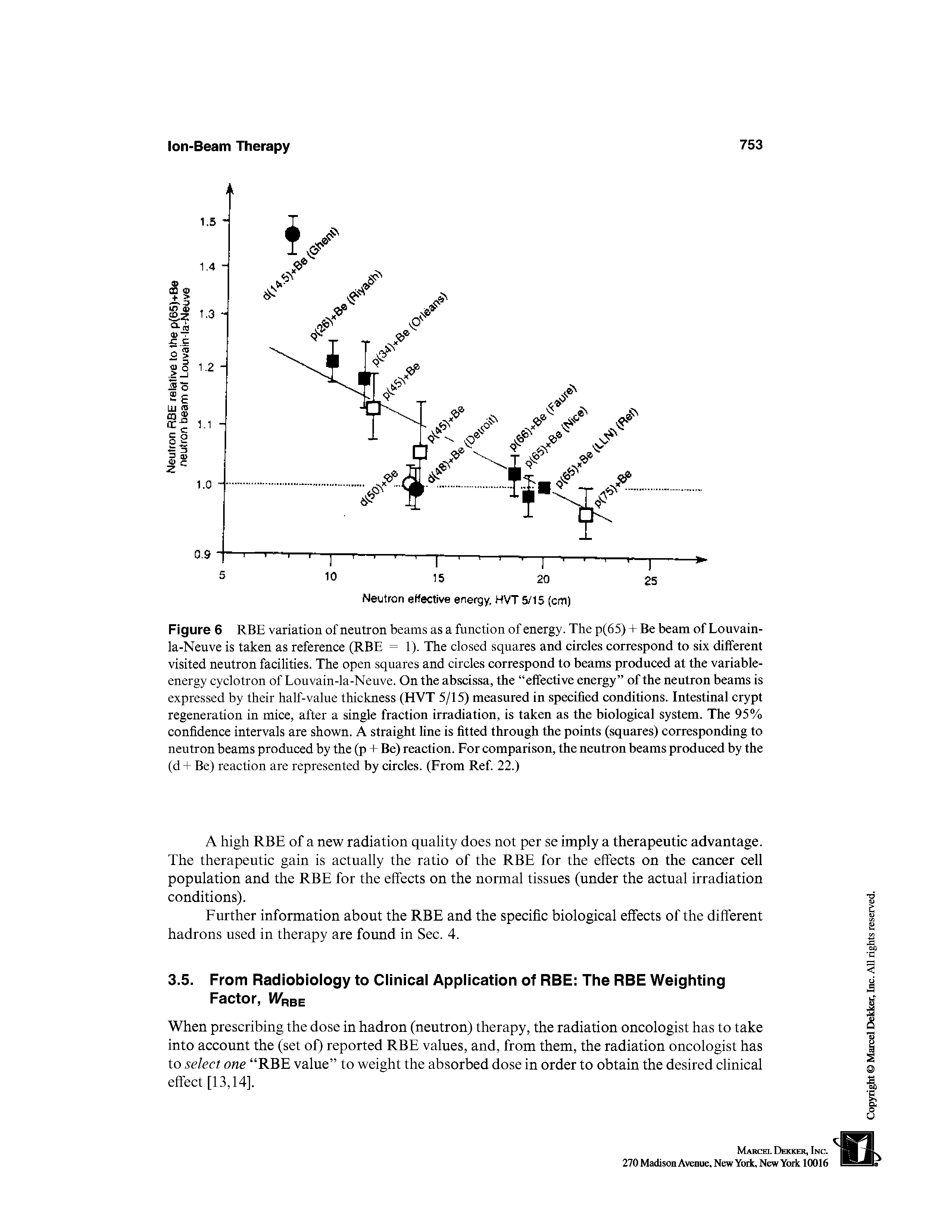 Figure 6 RBE variation of neutron beams as a function of energy. The p(65) + Be beam of Louvain-la-Neuve is taken as reference (RBE = 1). The closed squares and circles correspond to six different visited neutron facilities. The open squares and circles correspond to beams produced at the variable-energy cyclotron of Louvain-la-Neuve. On the abscissa, the effective energy of the neutron beams is expressed by their half-value thickness (HVT 5/15) measured in specified conditions. Intestinal crypt regeneration in mice, after a single fraction irradiation, is taken as the biological system. The 95% confidence intervals are shown. A straight line is fitted through the points (squares) corresponding to neutron beams produced by the (p + Be) reaction. For comparison, the neutron beams produced by the (d + Be) reaction are represented by circles. (From Ref. 22.)...