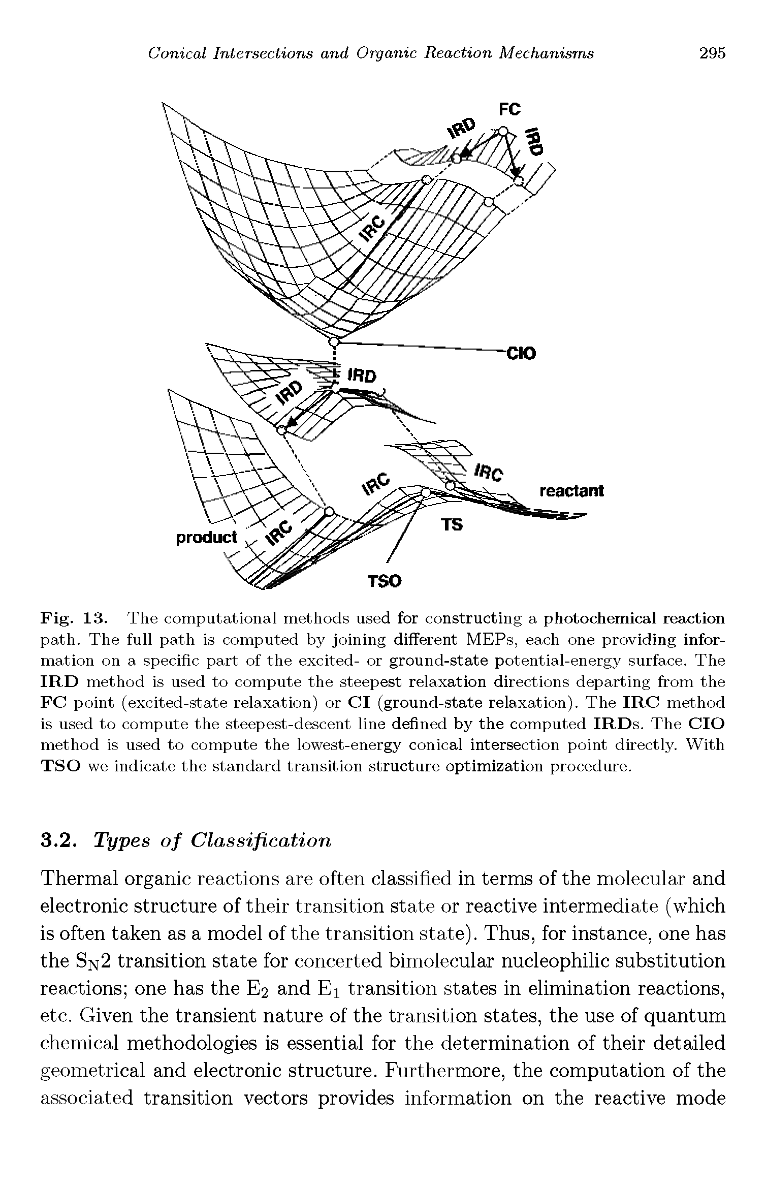 Fig. 13. The computational methods used for constructing a photochemical reaction path. The full path is computed by joining different MEPs, each one providing information on a specific part of the excited- or ground-state potential-energy surface. The IRD method is used to compute the steepest relaxation directions departing from the FC point (excited-state relaxation) or Cl (ground-state relaxation). The IRC method is used to compute the steepest-descent line defined by the computed IRDs. The CIO method is used to compute the lowest-energy conical intersection point directly. With TSO we indicate the standard transition structure optimization procedure.